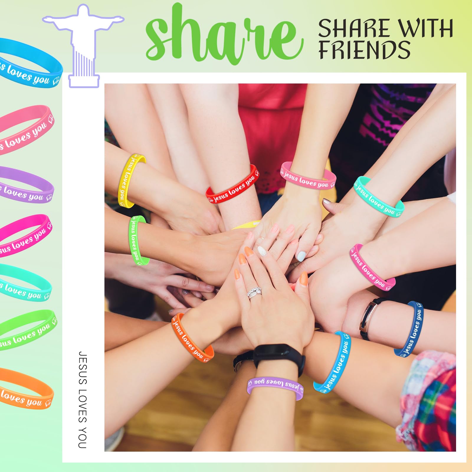 Jerify 200 Pcs Jesus Loves You Silicone Bracelet Christian Wristbands Bulk Bible Verse Rubber Bracelet Religious Colorful Bands