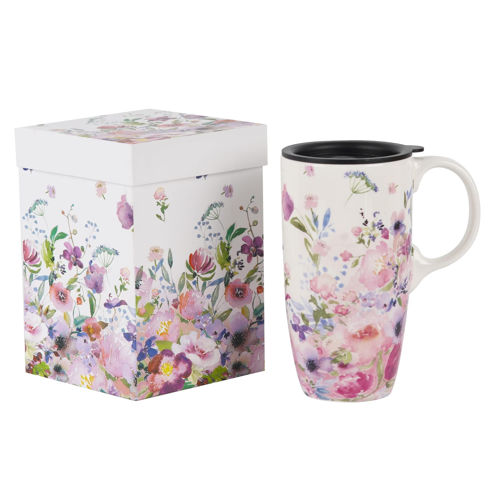 Dusvally Coffee Ceramic Mugs Travel Coffee Mug Porcelain Latte Tea Cup With Lid And Color Box 17Oz.Tall Coffee Mug,Pink Flower,V
