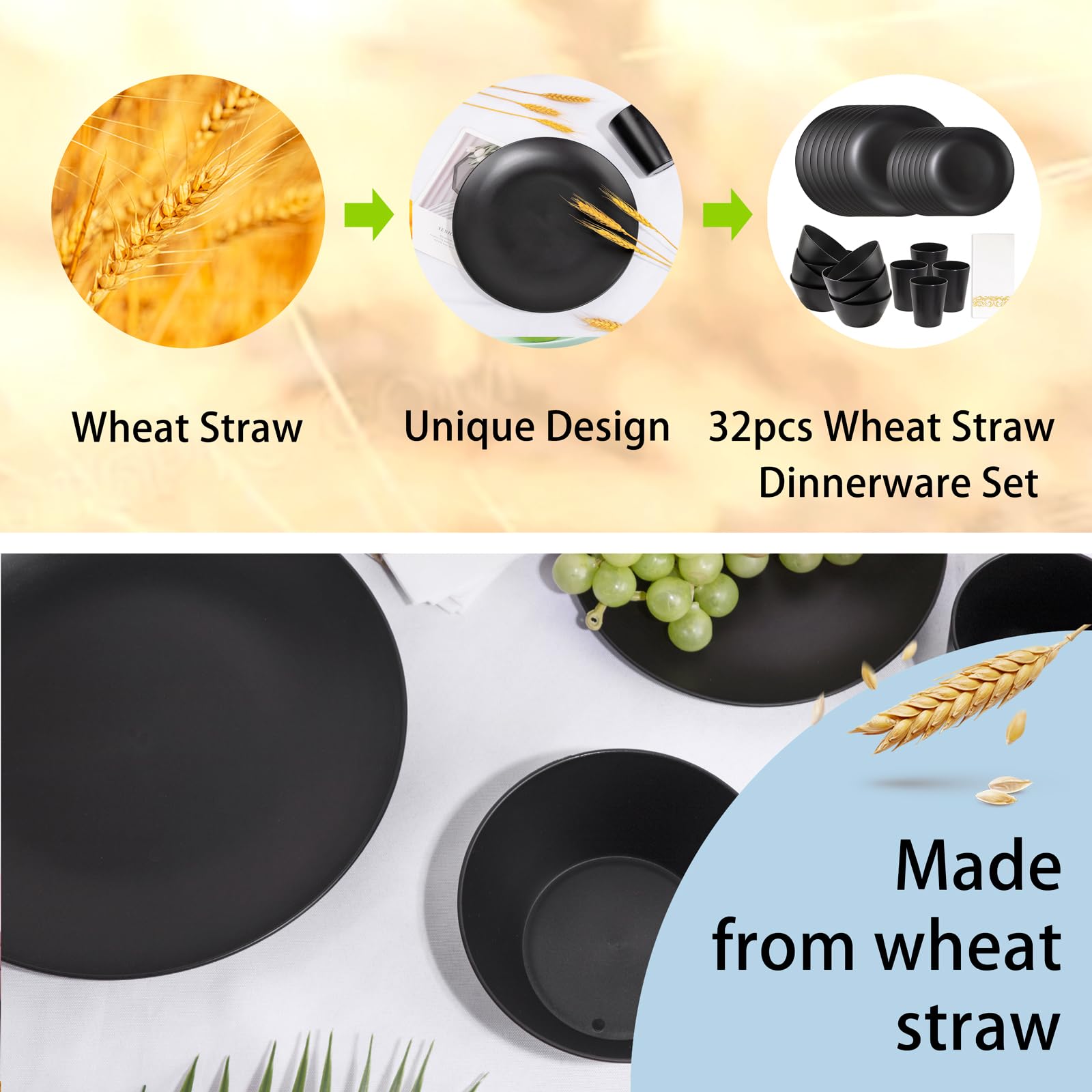 Supernal 32Pcs Black Wheat Straw Dinnerware Sets With 25Pcs Linen Napkins,Plates And Bowls Sets For 8,Black Plastic Dinnerware S
