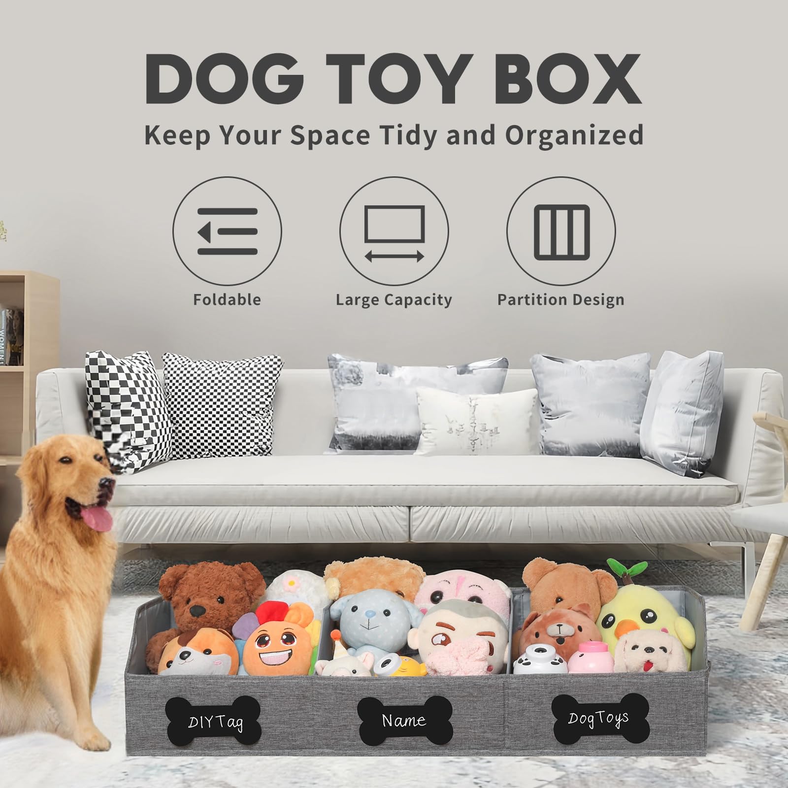 Qozary Large Dog Toy Basket With Diy Tag - Collapsible Dog Toy Bin, Fabric Personalized Dog Toy Box, Trapezoid Dog Toy Storage A