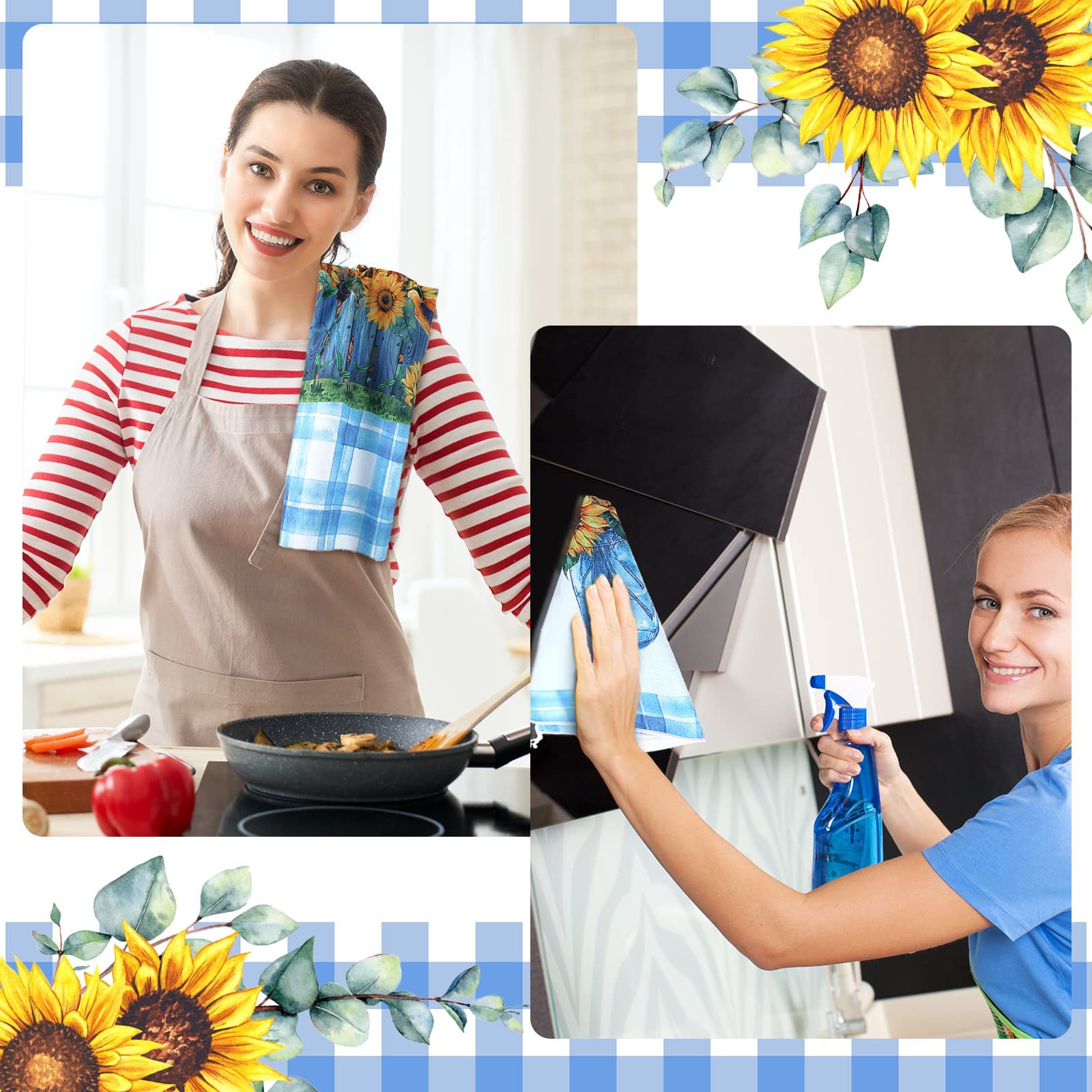 4 Pcs Kitchen Towels Sunflower Bee Dish Towels Decorative Absorbent Hand Polyester Towel with Hanging Loop for Kitchen Dishes Tea Towels for Home Housewarming Gifts Decor  16 x 24'' (Blue  Romantic)