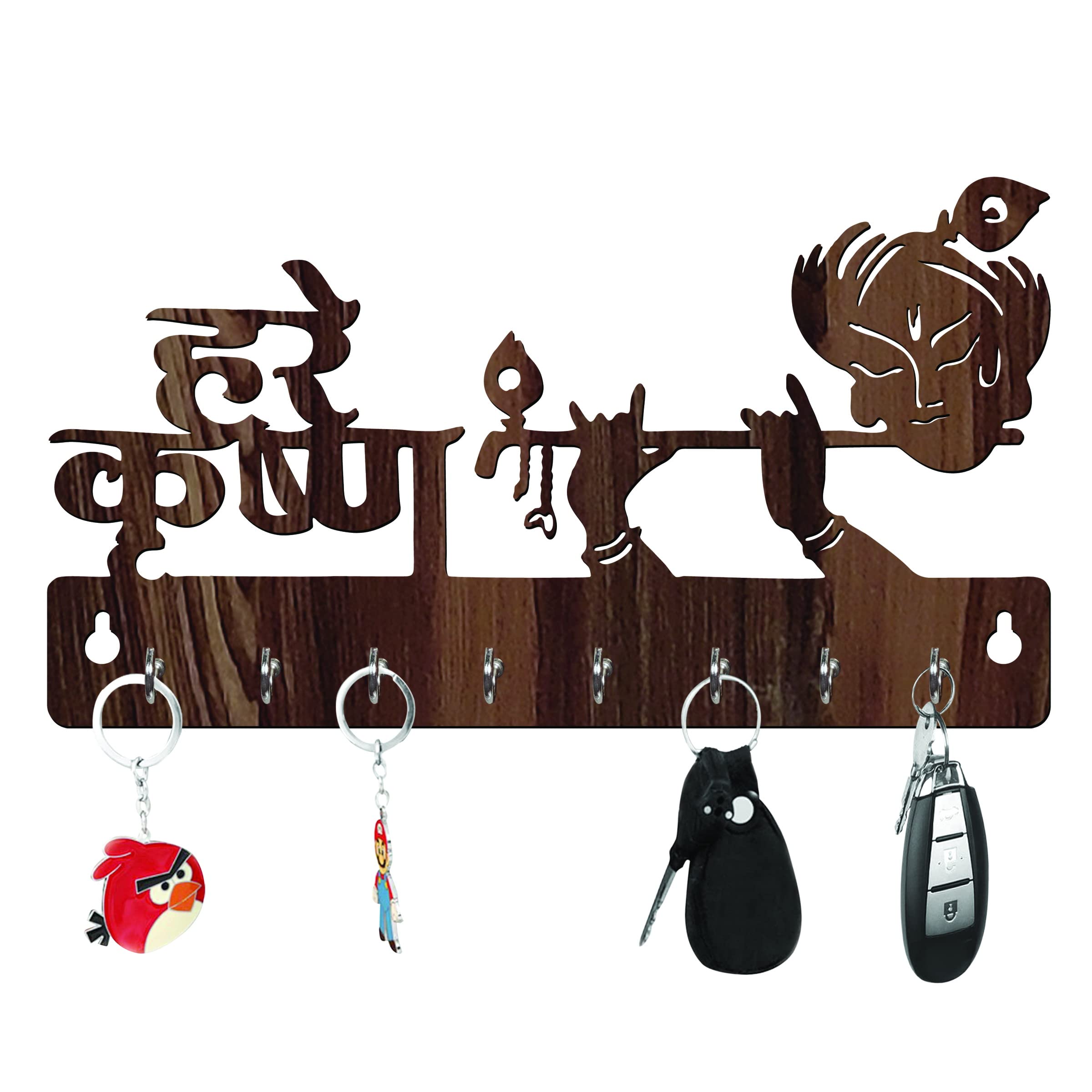 Freny Exim Hare Krishna Wooden Key Holder with Face Mask Hanging with 8 Hook  Brown 037