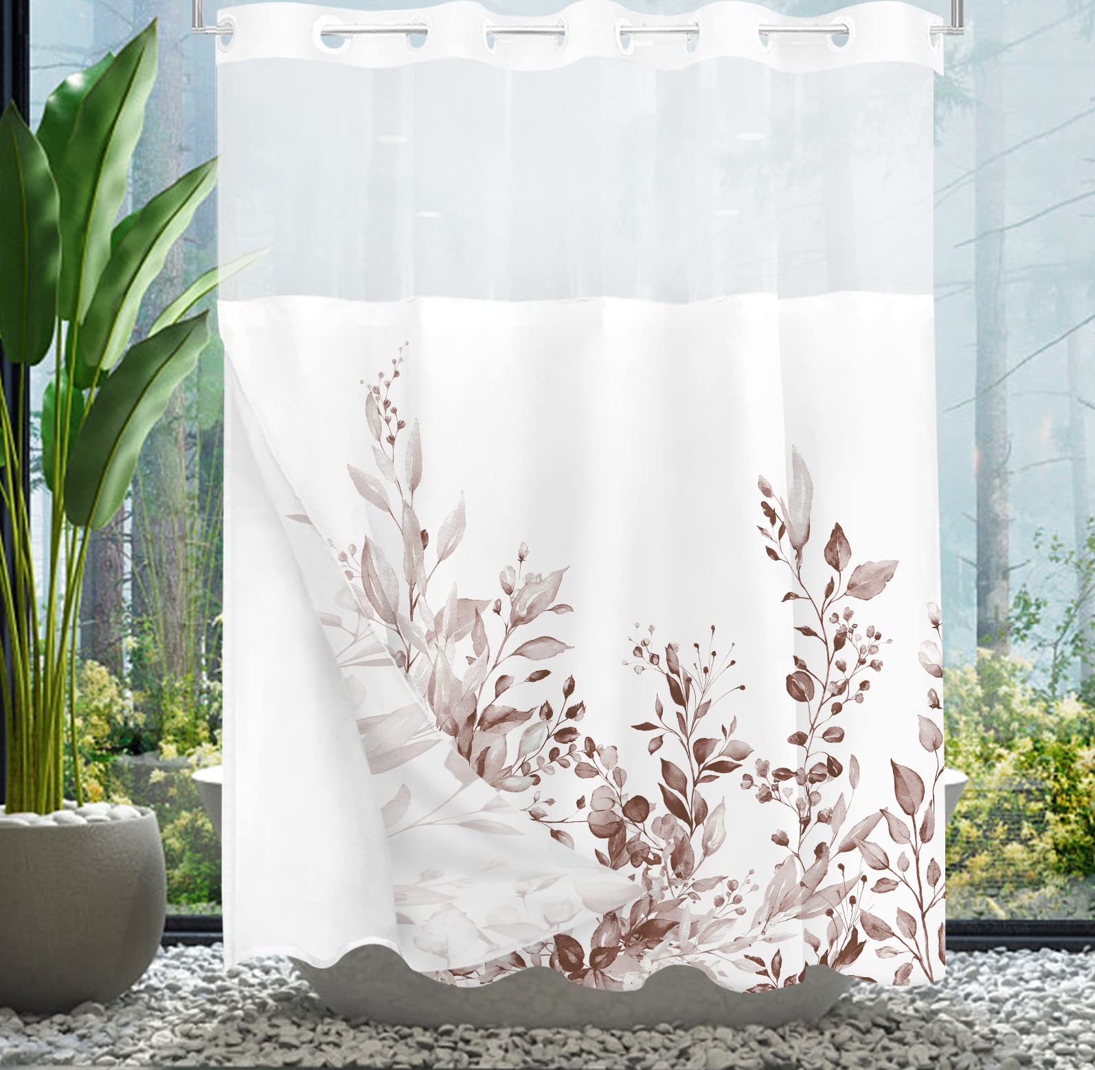 Tititex No Hooks Snap In Liner Rosybrown Eucalyptus Leaves Shower Curtain Sets, Hotel Luxury Double Layers Waterproof Fabric & S