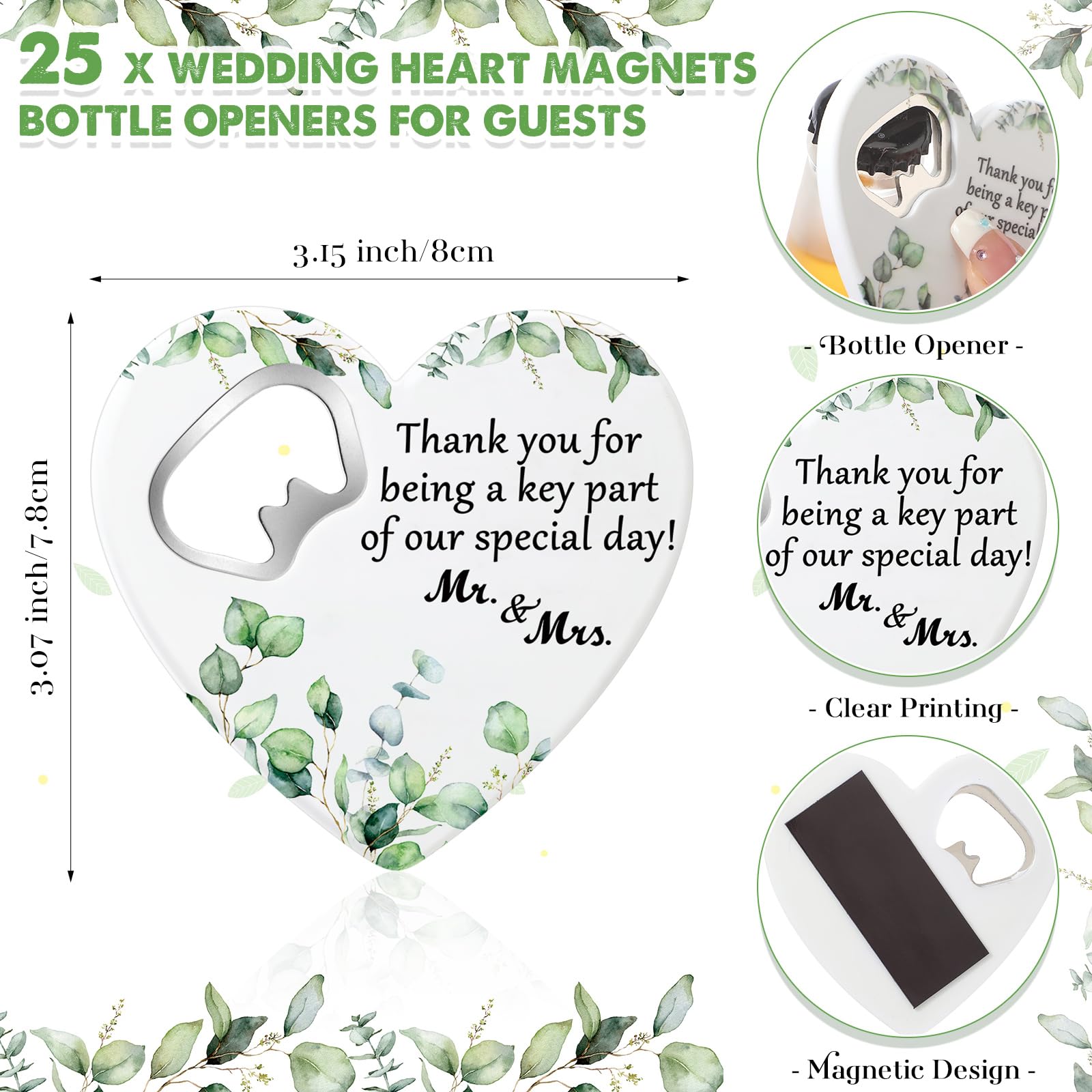 Uiifan 25 Sets Wedding Thank You Gifts Heart Shaped Bottle Opener Wedding Fridge Magnet Thank You Blessing Tag Card And Organza