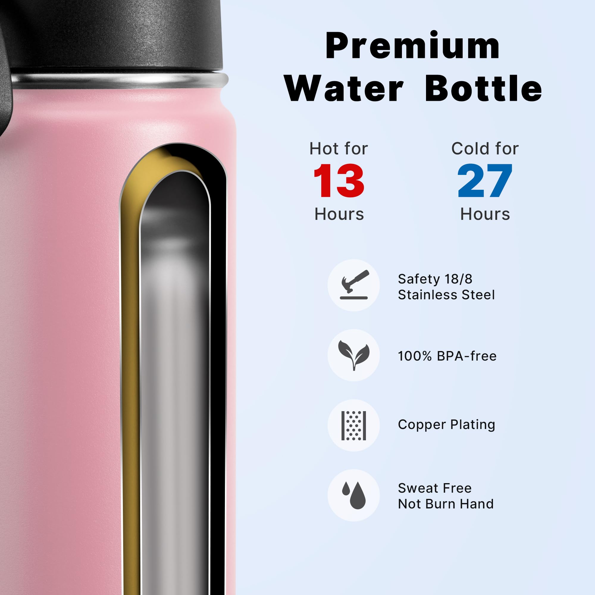 Koodee 16 Oz Water Bottle Stainless Steel Double Wall Vacuum Insulated Water Bottle Wide Mouth Flask With Leakproof Straw Lid (L