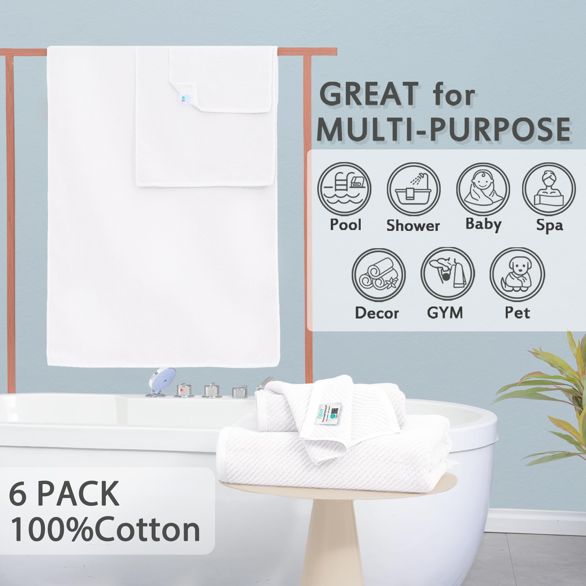 White Towels Bathroom Sets - 100% Cotton | Quick Dry | Lightweight | Thick, Hotel Quality 6Pcs Towel Set, 2 Large Bath 30''X56''