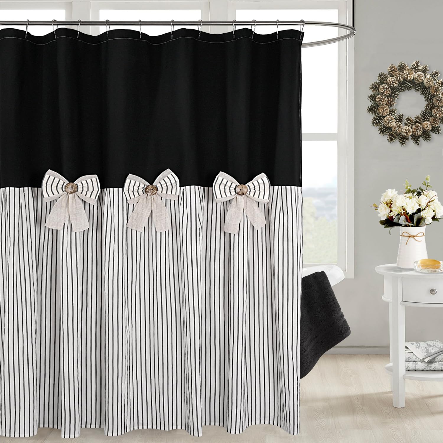Dosly Ides Farmhouse Black Shower Curtain,Bowknot,Cotton Woven And Cotton Blend Fabric,Pleated Black Stripe,Country Style,72X84 