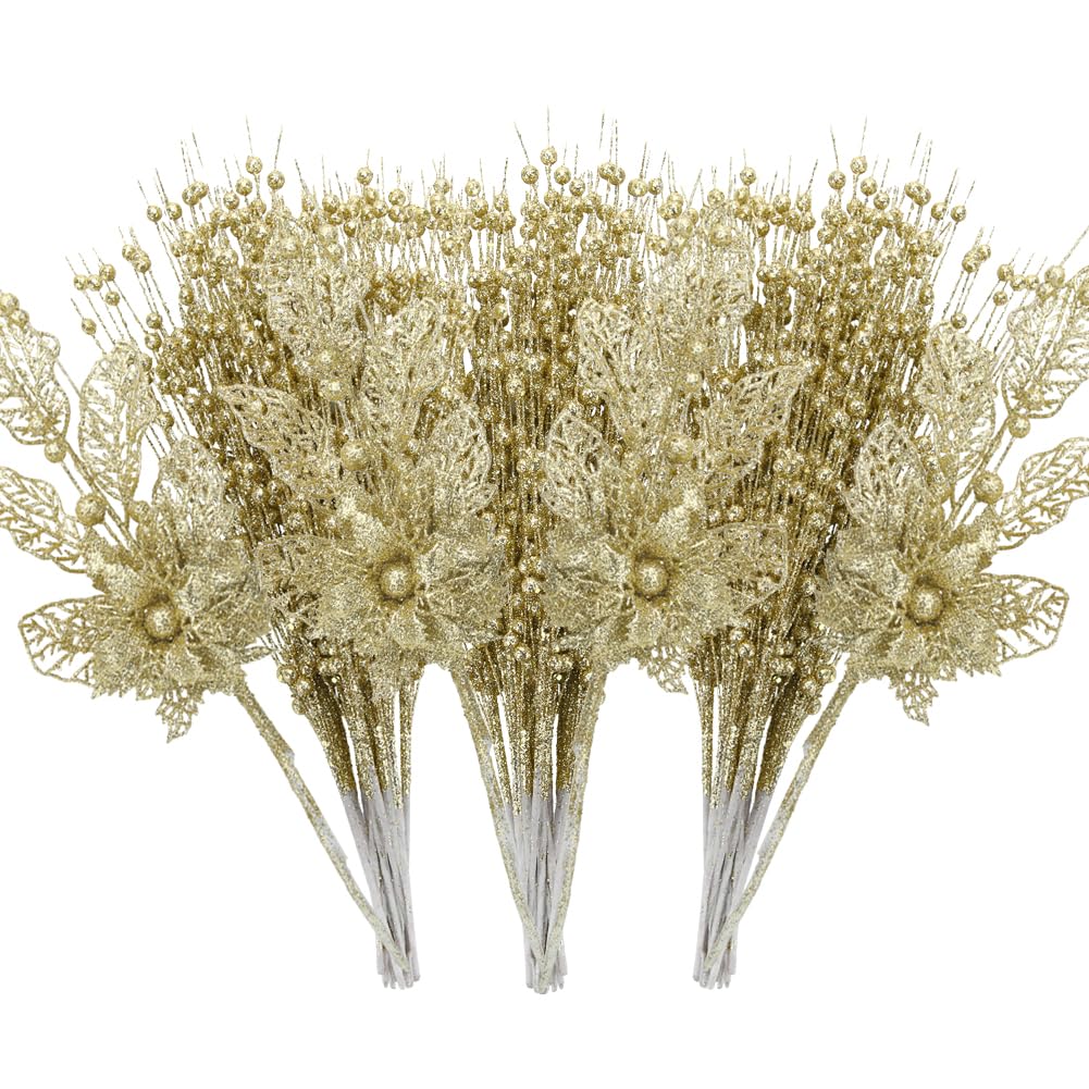 ROSELEAF 28 Pack Artificial Glitter Berry Stem Ornaments, Gold Christmas Ornaments Flower Branches Picks for Xmas Tree Decoratio
