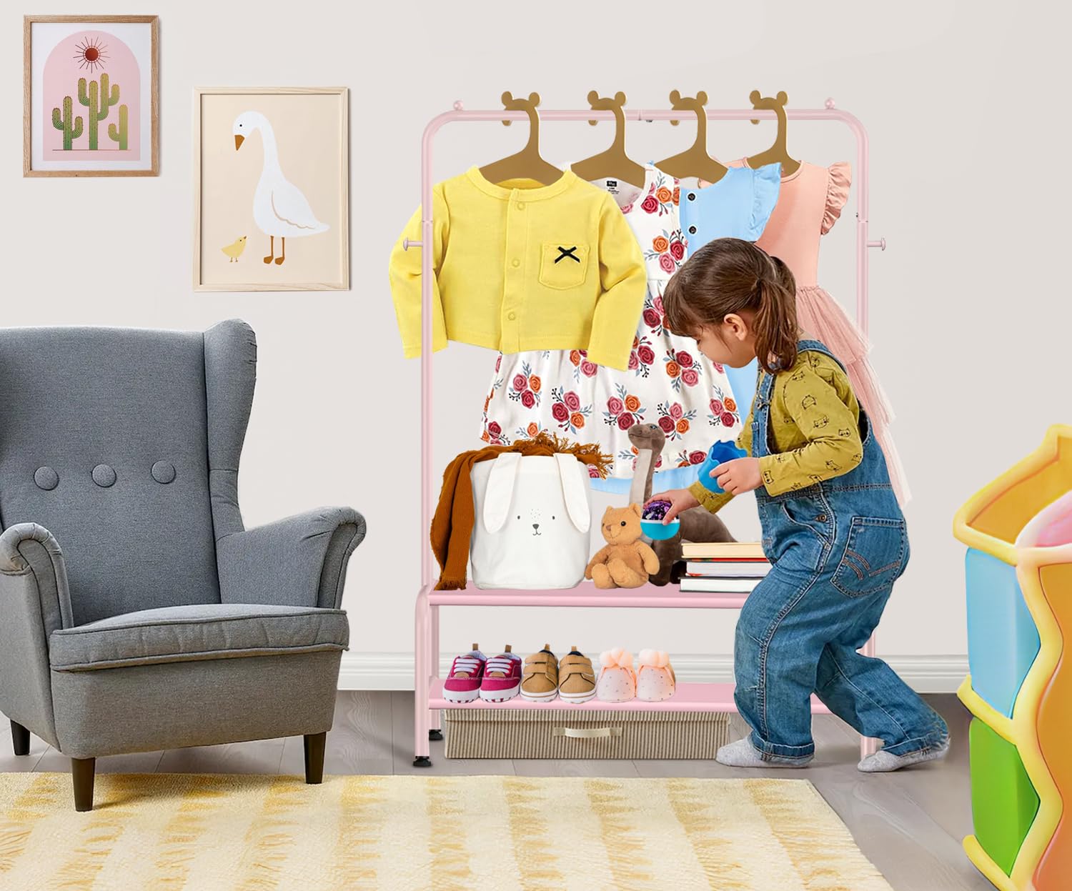 mirolam Kids Clothing Rack - Pink Dress Up Storage with 2 Fabric Shelves - Model SKR-02 - Ideal for Little Girls' Rooms