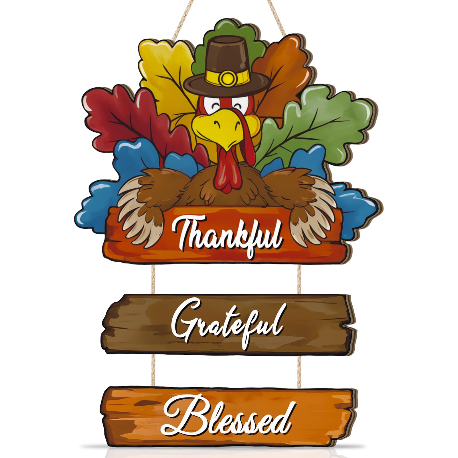 Aryroi Thanksgiving Day Wood Door Hanger,Turcky Wall Sign,Fall Thankful Sign,Autumn Wooden Sign,Grateful for Harvest Wall Plaque