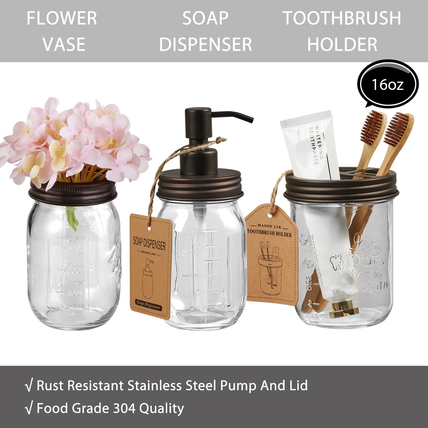 Mason Jar Bathroom Accessories Set (8 Pcs) - Lotion Soap Dispenser,Toothbrush Holder,2 Apothecary Jars, Flower Vase,Soap Dish,Va
