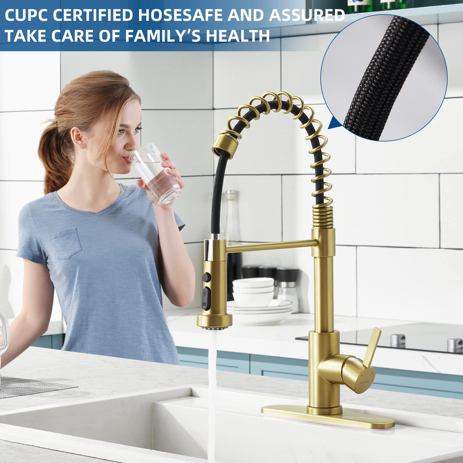 Guukar Gold Kitchen Faucet With Pull Down Sprayer, Single Handle Brushed Gold Faucet For Kitchen Sink, Commercial Farmhouse Kitc