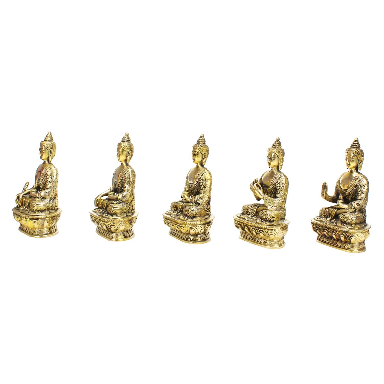 Kartique Brass Buddha Set of 5 Buddha Mudras (Meditation, Bhumisparsha, Dhyana,Dharmachakra and Abhaya Mudra) - Brass Statue Hei
