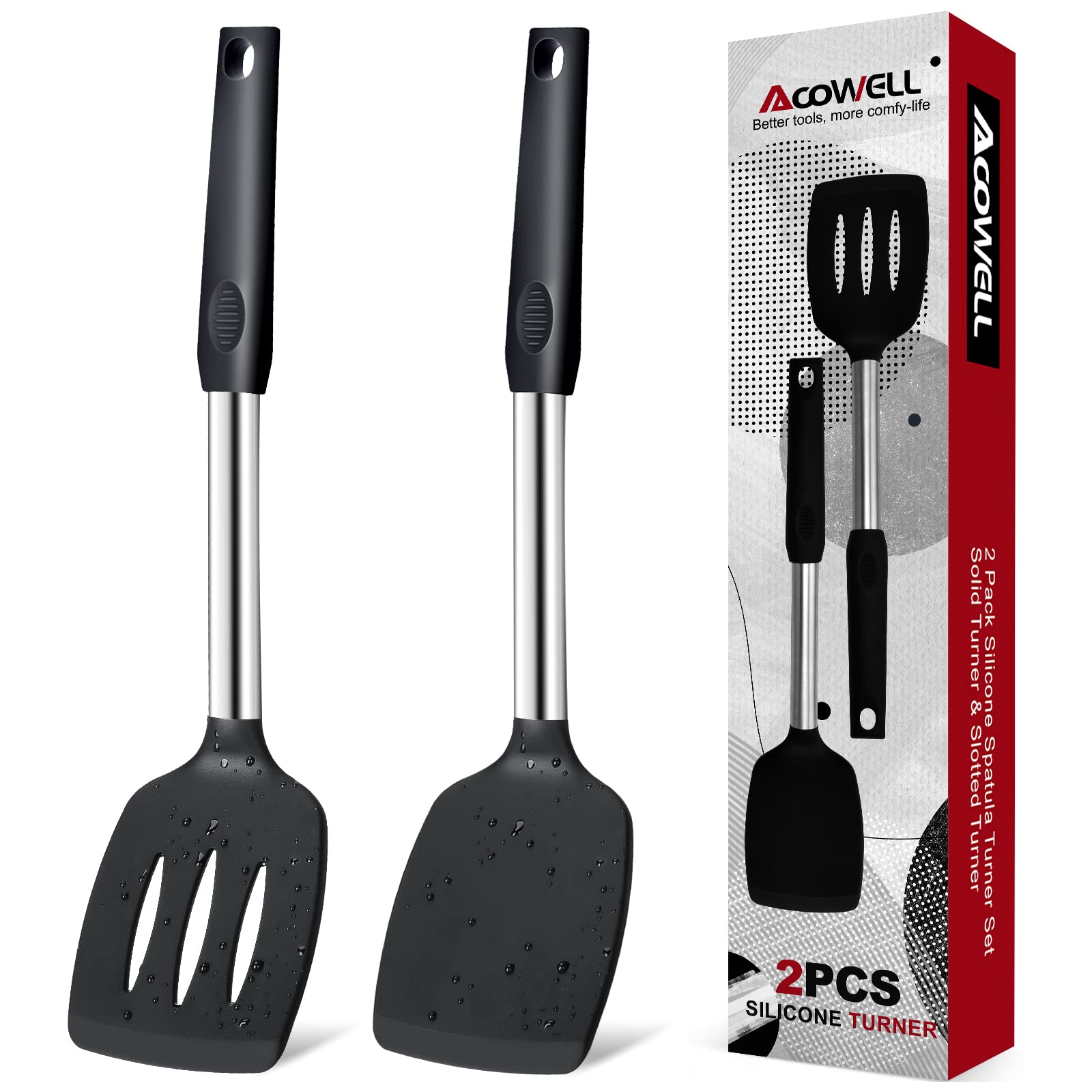 Silicone Spatula Turner Set, Premium Spatulas Silicone Heat Resistant Pack Of 2 Kitchen Spatula For Nonstick Cookware, Solid & S