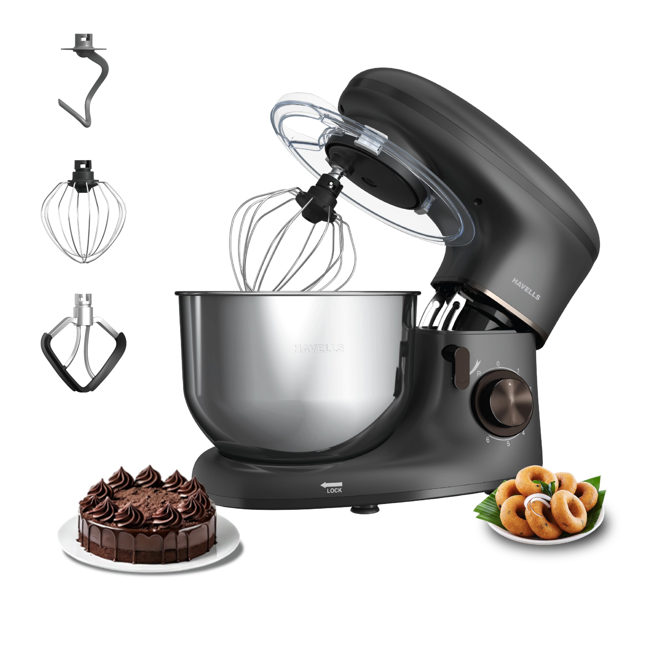 Havells Crescent Stand Mixer 1100W|100% Copper Motor|Rust Resistant 5.5L Ss Bowl|Teflon Coated Douge Hook & Mixing Beater|Baking