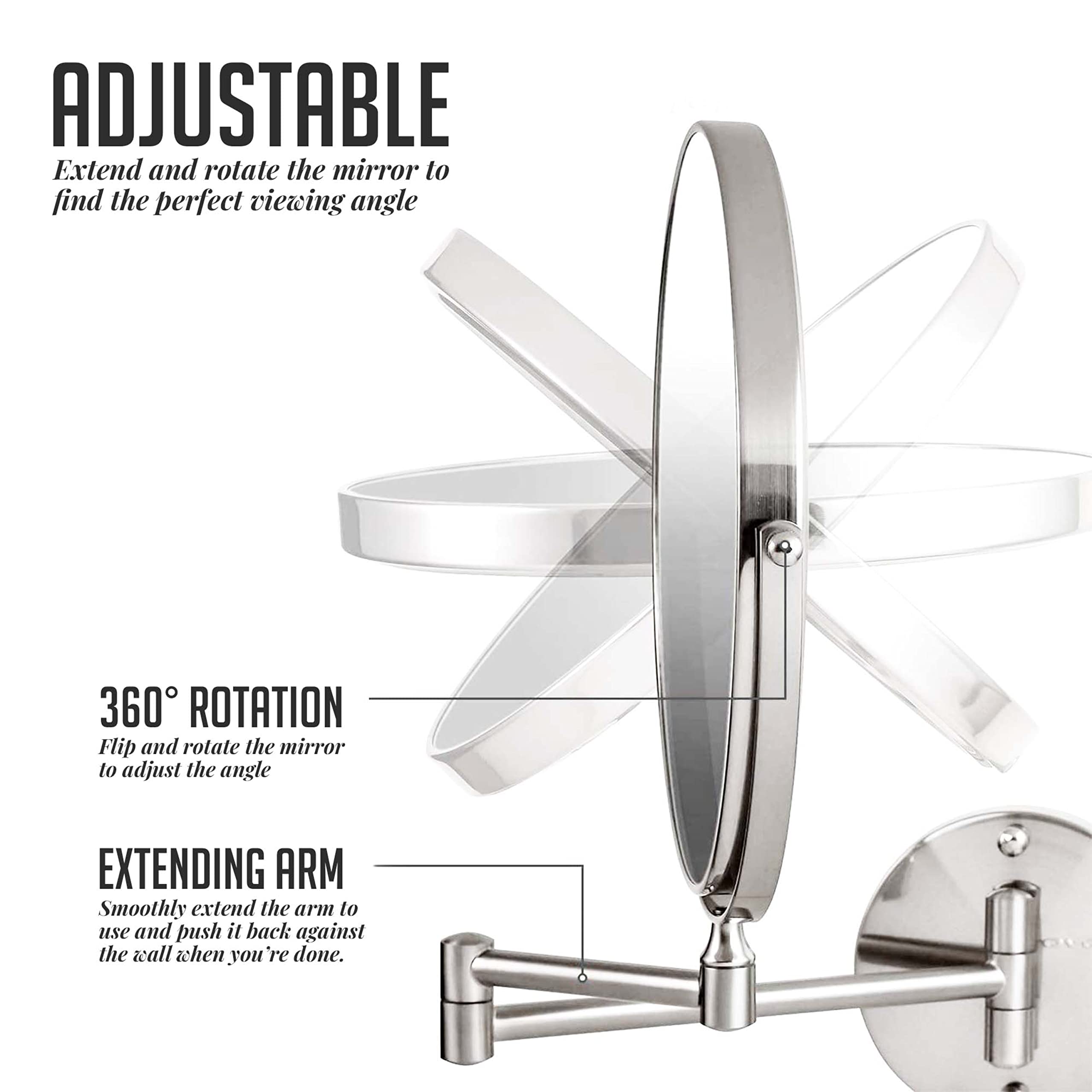 Ovente 9'' Wall Mounted Makeup Mirror - 1X/ 10X Magnification, Rotating 360-Degree, Double-Sided, Extendable & Folding Arm, Clea