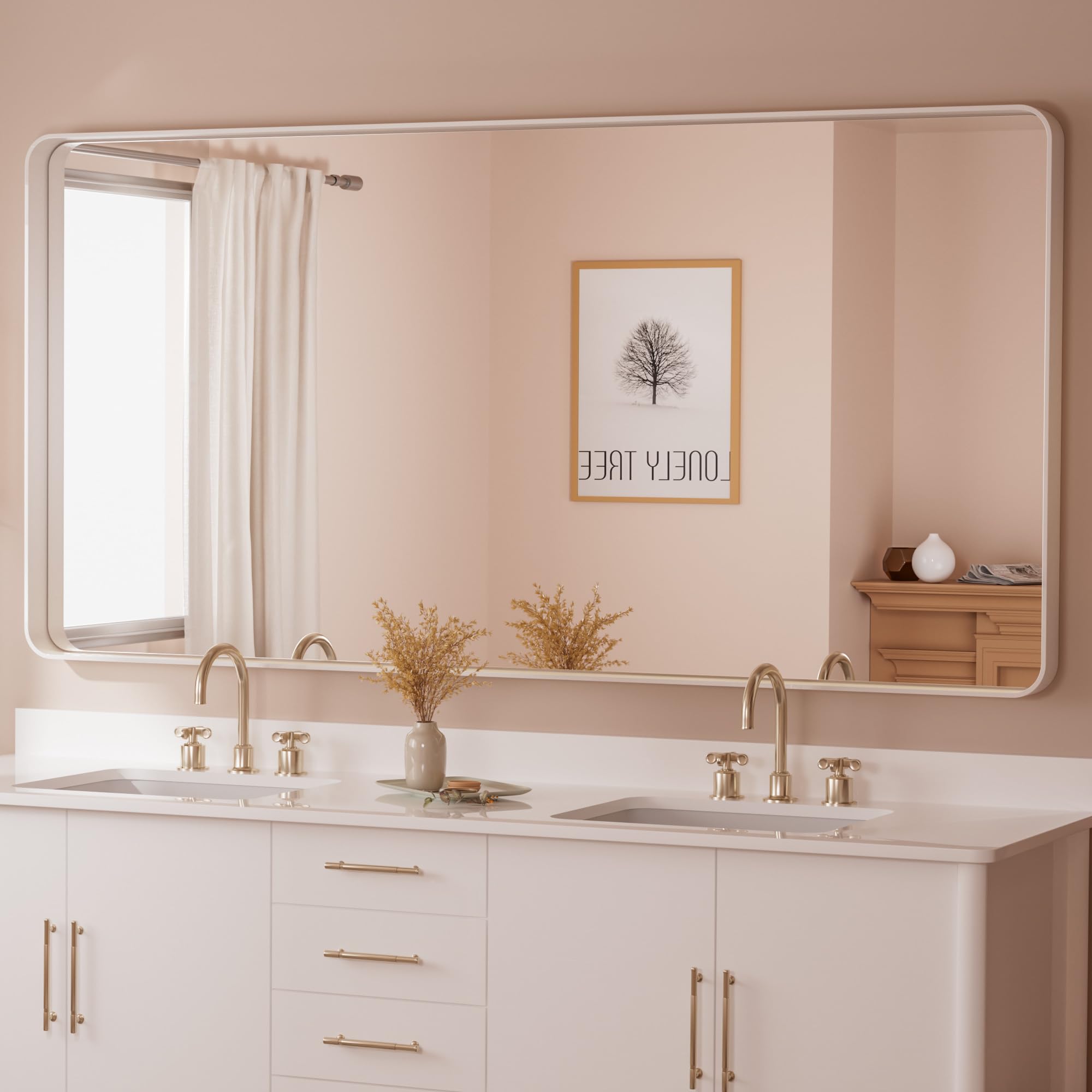 Tetote White Bathroom Mirror 72 X 36 Metal Frame Wall Mounted Rectangle Mirror For Vanity With Sandy Textured Surface(Horizontal