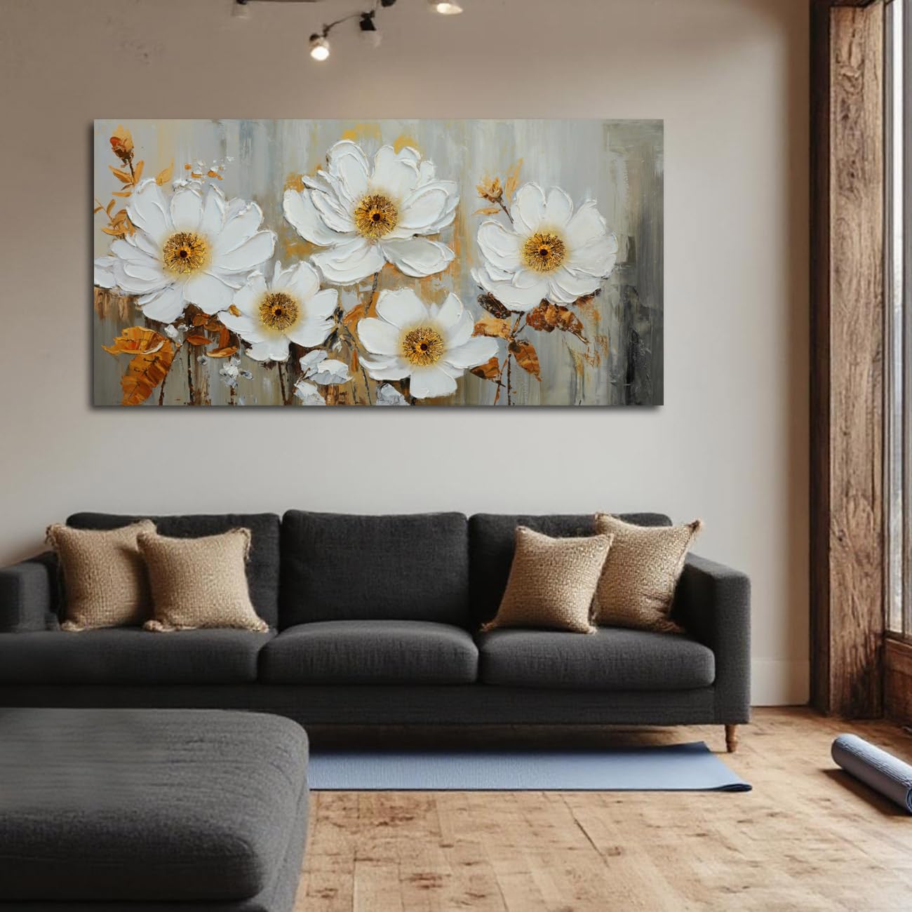 Acocifi Wall Art Flowers Abstract Canvas Painting White Flowers Textured Wrapped Canvas Artwork, Florals Picture Print For Livin