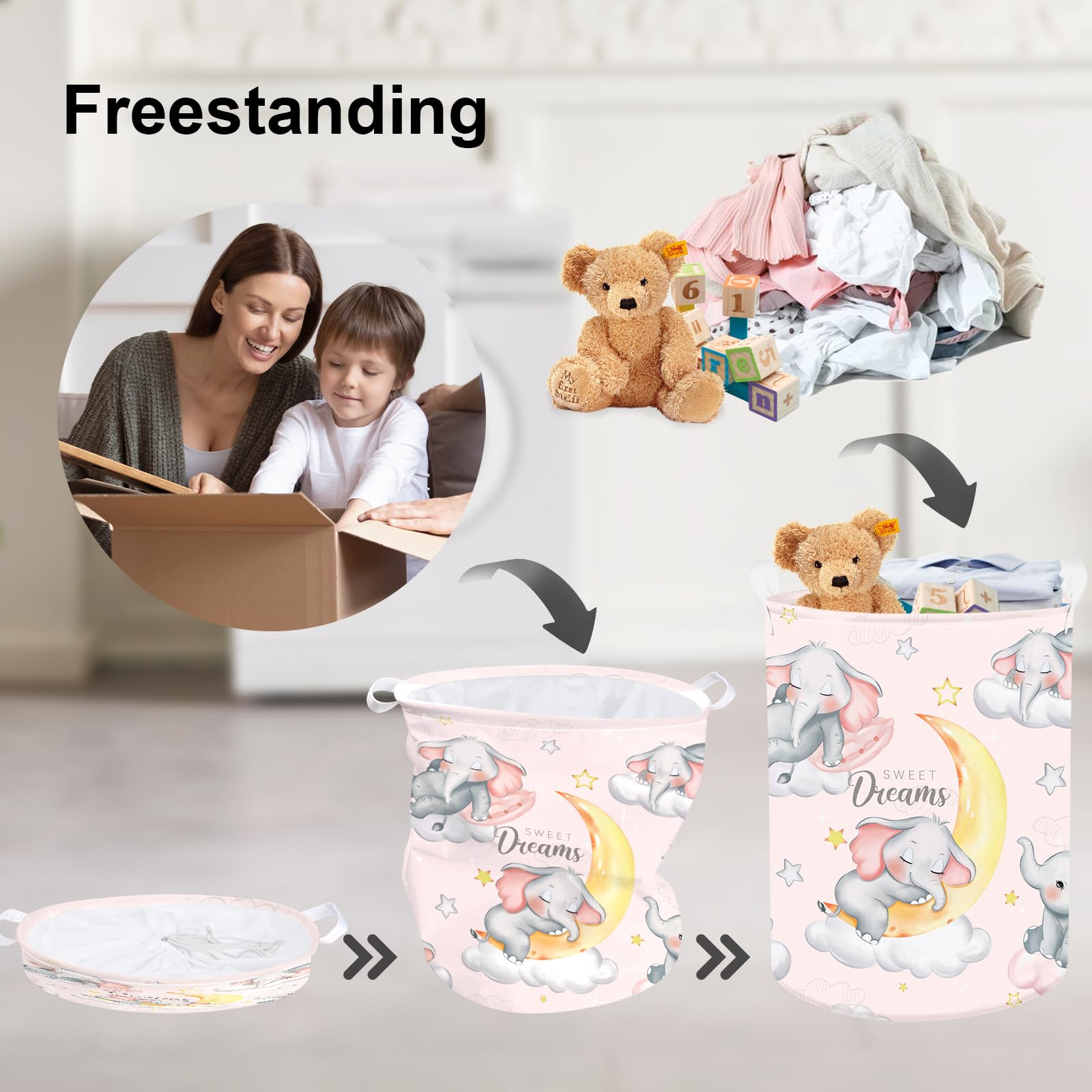 Clastyle Sleeping Elephant Kid Laundry Basket Pink Baby Girls Clothes Hamper For Nursery Collapsible Star Moon Towel Toy Storage
