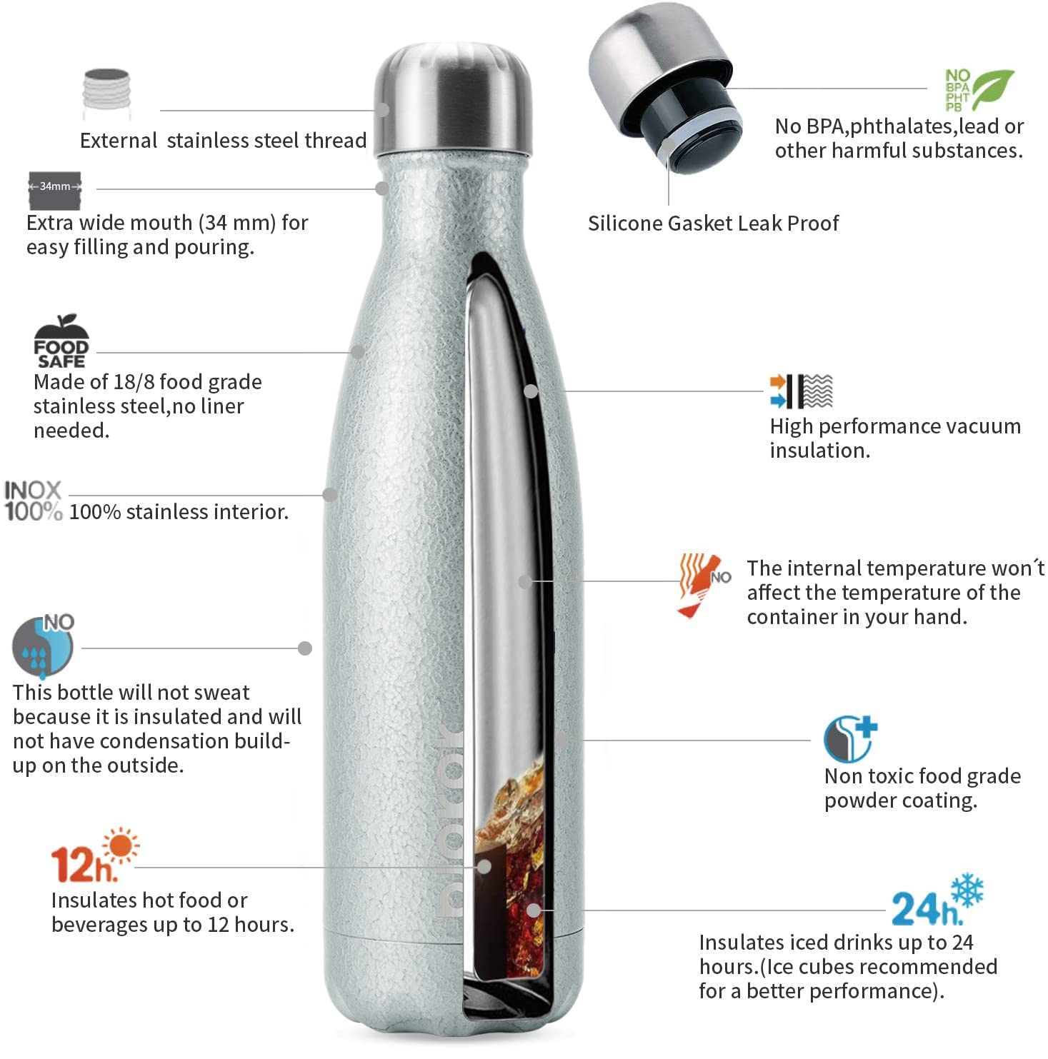 Bjpkpk Insulated Water Bottles 17Oz, Leak Proof Stainless Steel Water Bottle Keeps Cold For 24H And Hot For 12H, Bpa Free Water