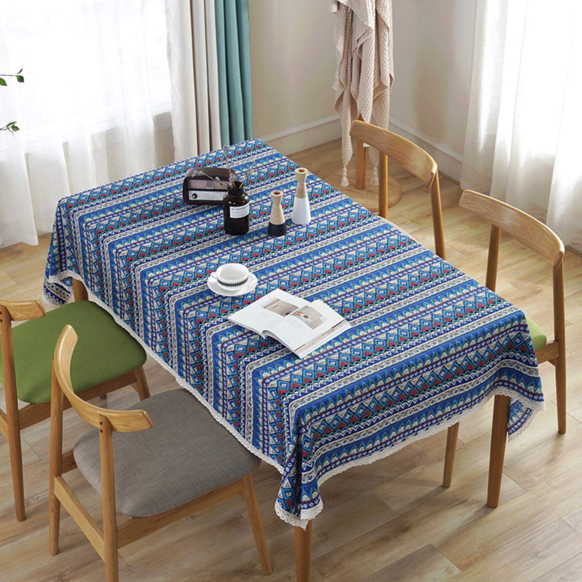 Bringsine Washable Cotton Linen Lace Bohemian Style Geometric Design Square Tablecloth Dinner Picnic Table Cloth Home Decoration