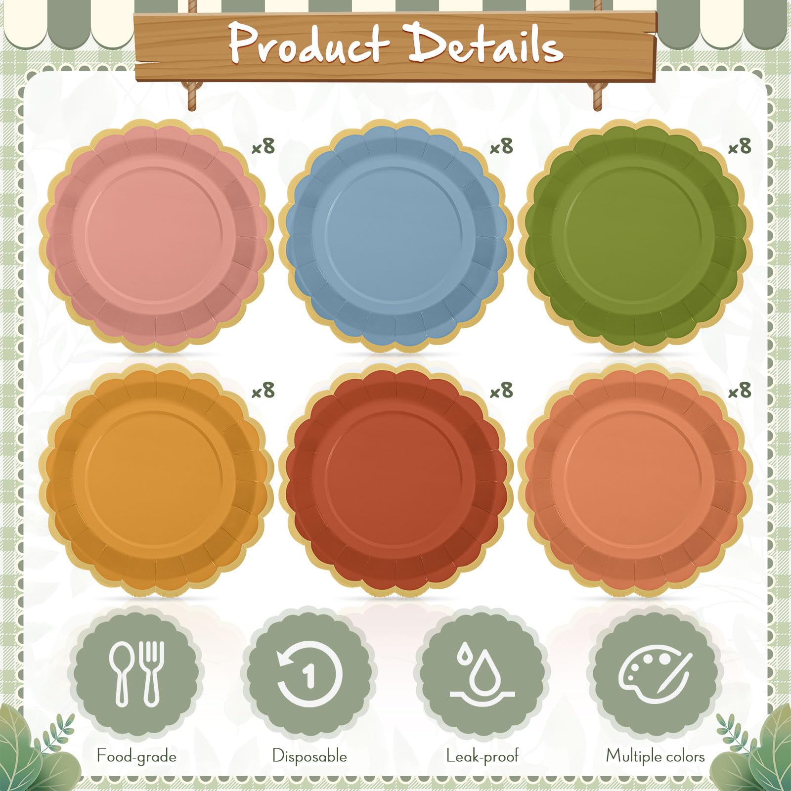 Tiangrid 48 Pcs Fall Wildflower Color Paper Plates 9 Inch Colorful Boho Scalloped Paper Disposable Dinner Dessert Plates for Aut