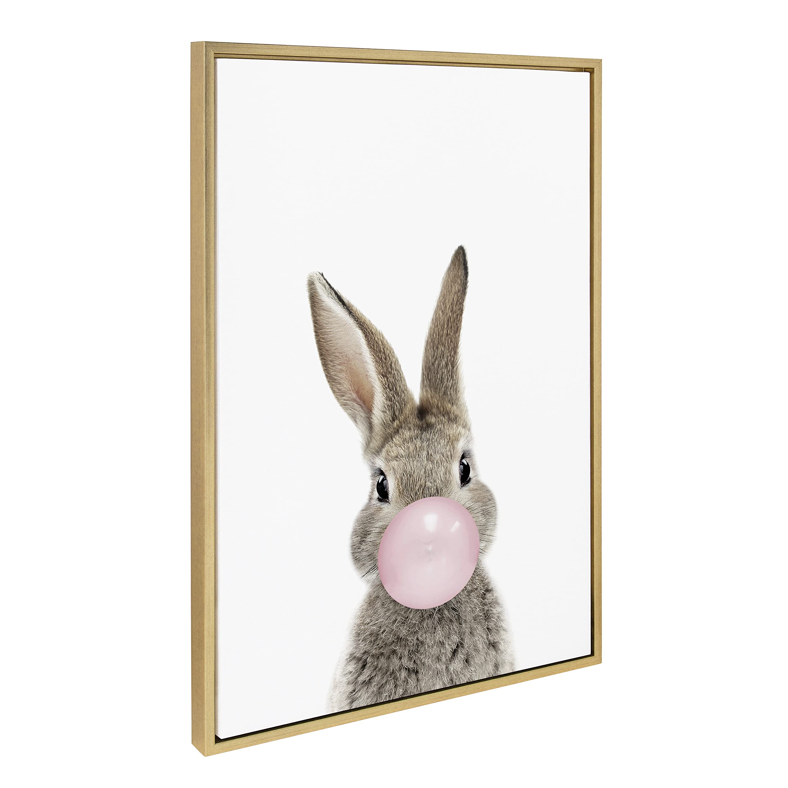 Kate And Laurel Sylvie Bubble Gum Bunny Framed Canvas Wall Art By Amy Peterson Art Studio, 23X33 Gold, Decorative Animal Art For