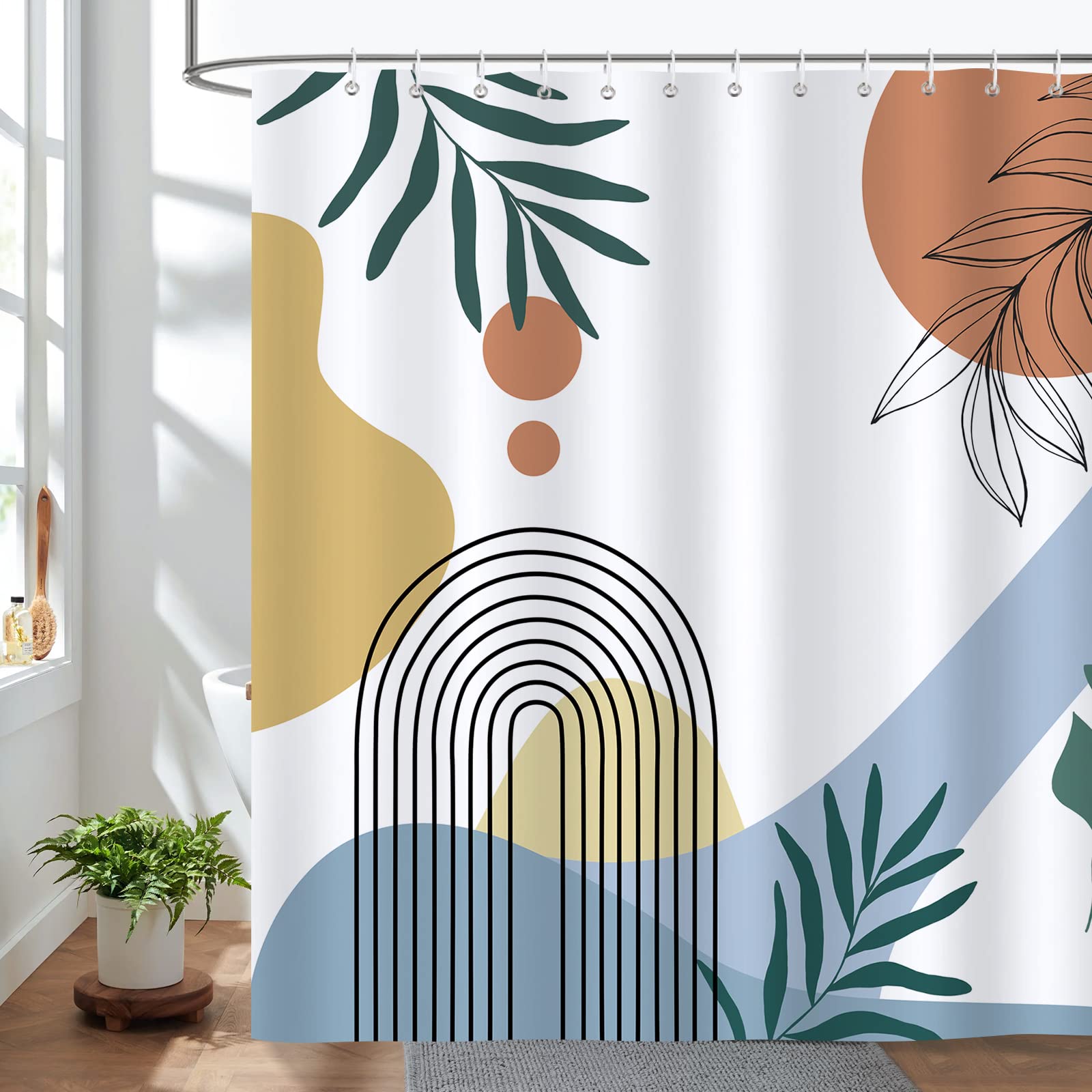 Bonhause Boho Mid Century Shower Curtain Arch Sun Leaves Modern Minimalistic Decorative Bath Curtain 72 x 72 Inch Polyester Fabric Waterproof Bathroom Curtain with 12 Hooks
