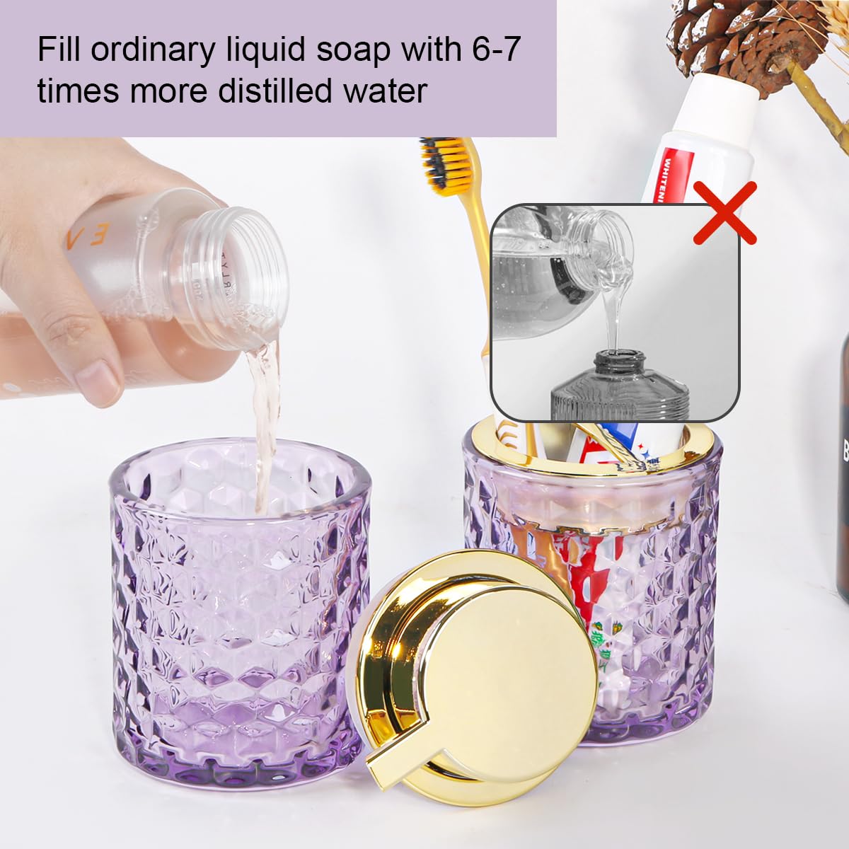 Fvstar Purple Bathroom Accessories Set, 2pcs Glass Bathroom Accessory Set with Foam Soap Dispenser and Toothbrush Holder, Gold F