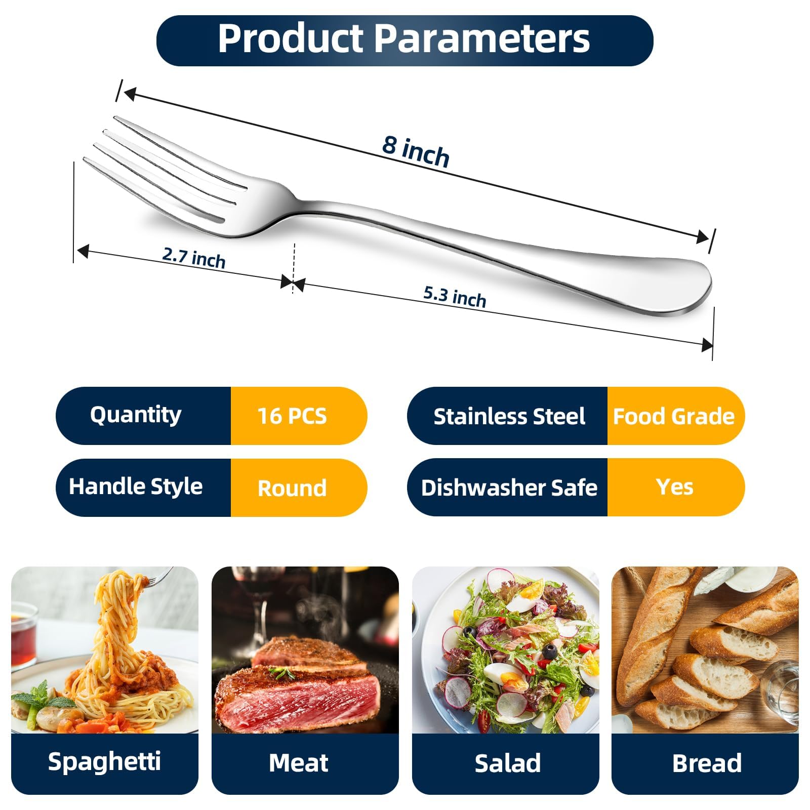16 Piece Dinner Forks, 8 Inch, Top Food Grade Extra-Fine Stainless Steel Silverware Forks,Silverware Set, Dishwasher Safe (Silve