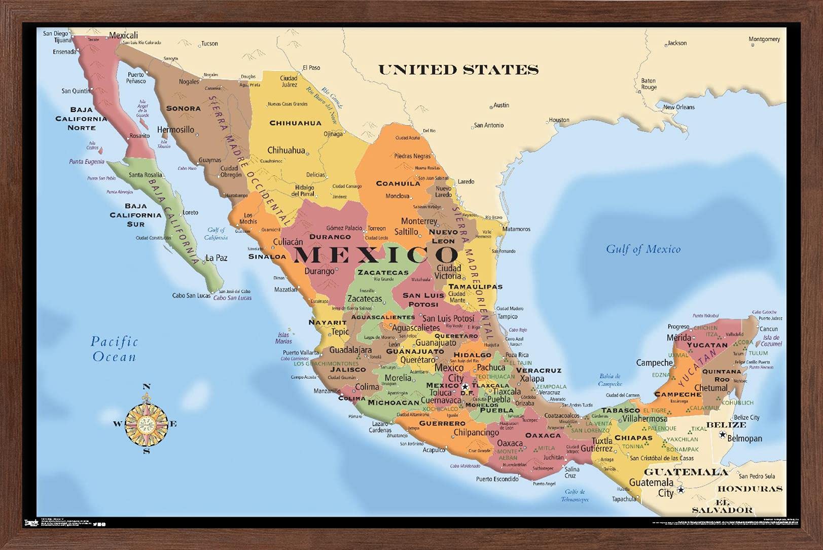 Trends International Map - Mexico Wall Poster, 14.725'' X 22.375'', Mahogany Framed Version