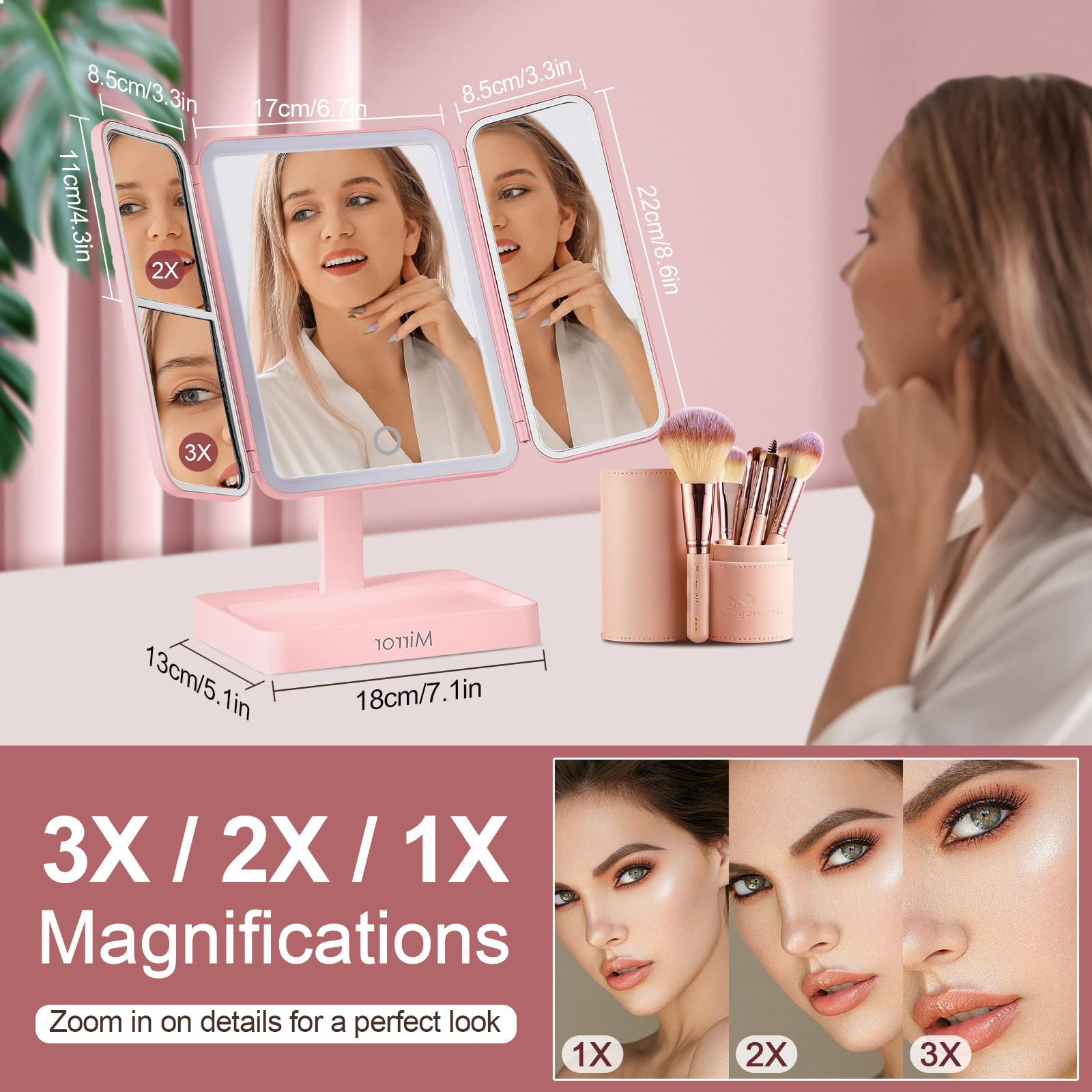 Makeup Mirror Vanity Mirror With Lights, 83 Leds, 360-Degree Uniform Fill Light, 3-Color Lighting, Touch Control, Trifold Makeup