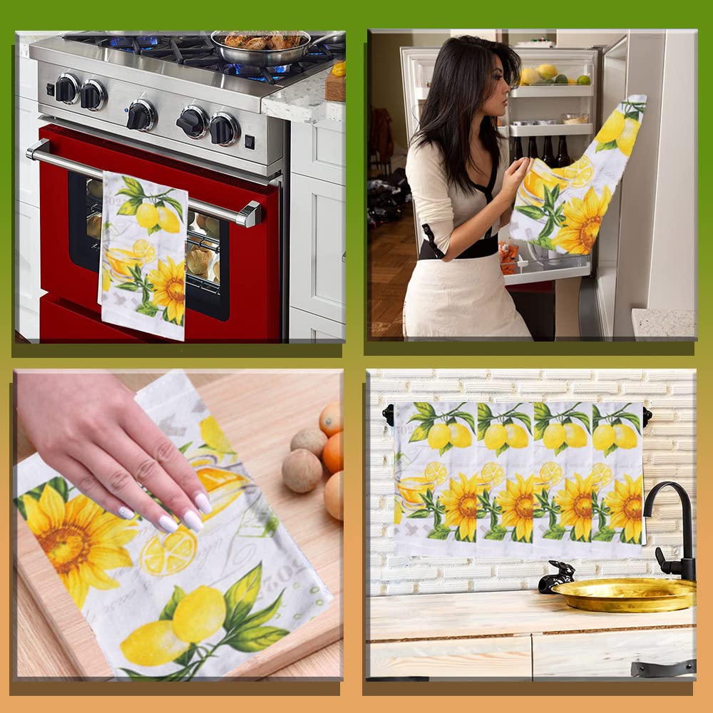 Lobyn Value Packs 4 Pack Absorbent Lightweight Kitchen Dish Towels 15X25 Cotton Poly (Lemon Flowers)