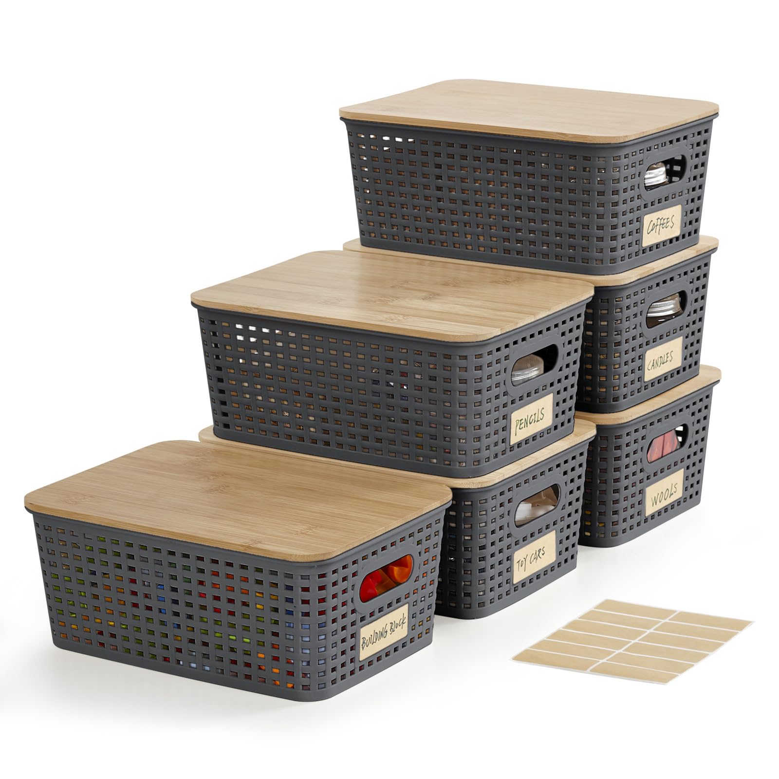 Bagnizer Plastic Storage Bins With Bamboo Lids Stackable Box Basket Pantry Decorative Containers Cute With Lable For Organizing
