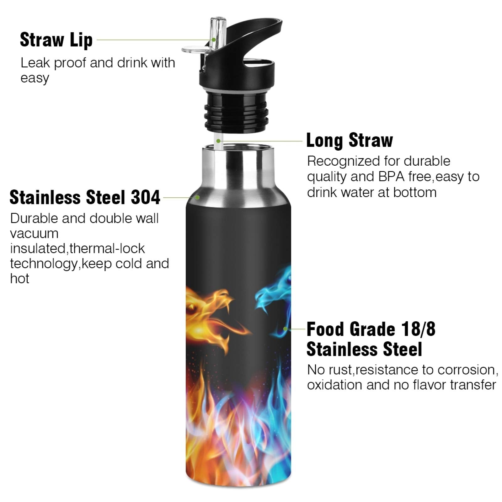 Qilmy 3D Printing Dragon Water Bottle Vacuum Insulated Stainless Steel Water Bottles With Straw Lid Leakproof Wide Mouth Water F