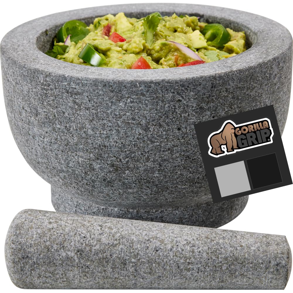 Gorilla Grip 100% Granite Slip Resistant Mortar And Pestle Set, Stone Guacamole Spice Grinder Bowls, Large Molcajete For Mexican