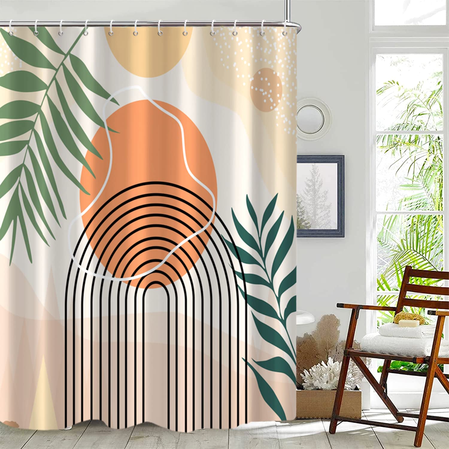 GKLEASG Mid Century Extra Long Shower Curtain  Abstract Boho Minimalistic Arch Sun Leaf Machine Washable Waterproof Fabric for Bathroom Bathtub Decor with Hooks 72Wx84H