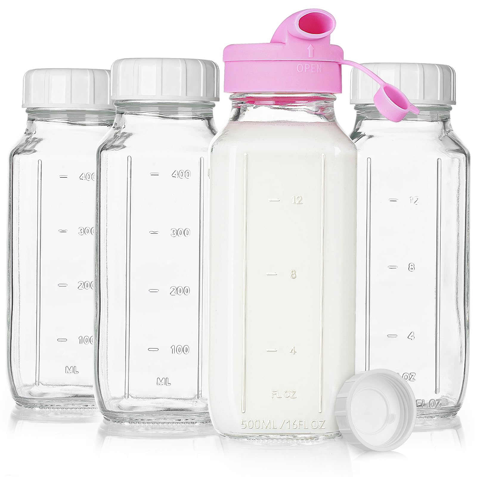 Sovietiep 4 Pack 16 Oz Square Glass Milk Bottle with A Silicone Dispenser Cap, Glass Juice Bottles with Airtight Screw Lid, Reus