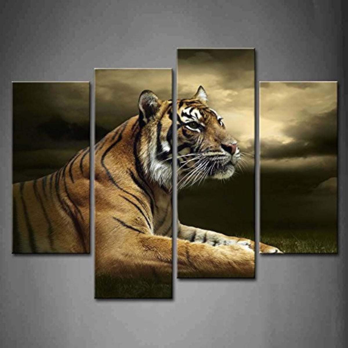 4 Panel Wall Art Tiger Looking And Sitting Under Dramatic Sky With Clouds Painting Pictures Print On Canvas Animal The Picture F