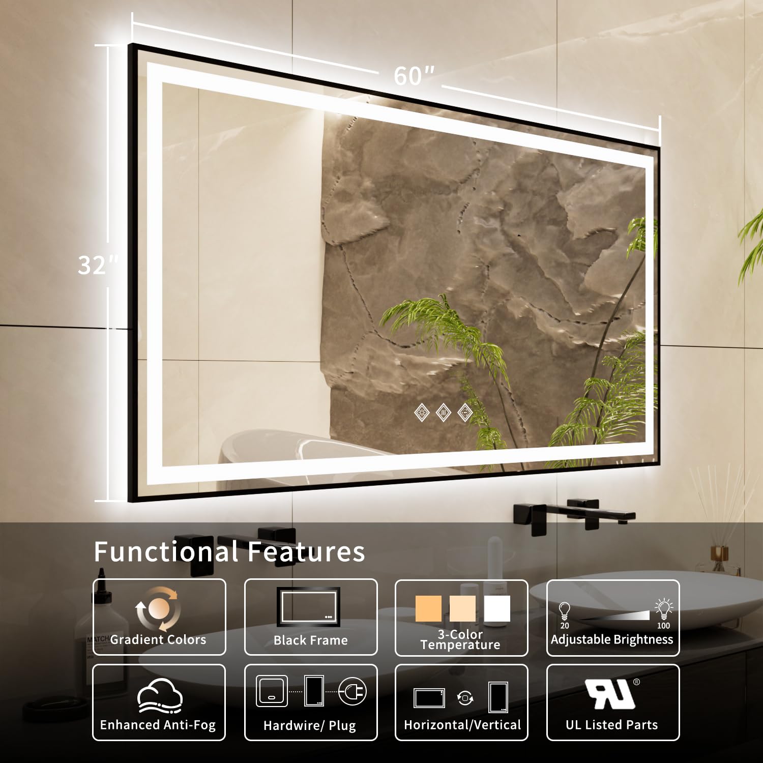 Vanpokins Led Mirror For Bathroom, 60X32 Inch Black Framed Gradient Front And Backlit Lighted Mirror, 3 Colors Dimmable Cri>90,