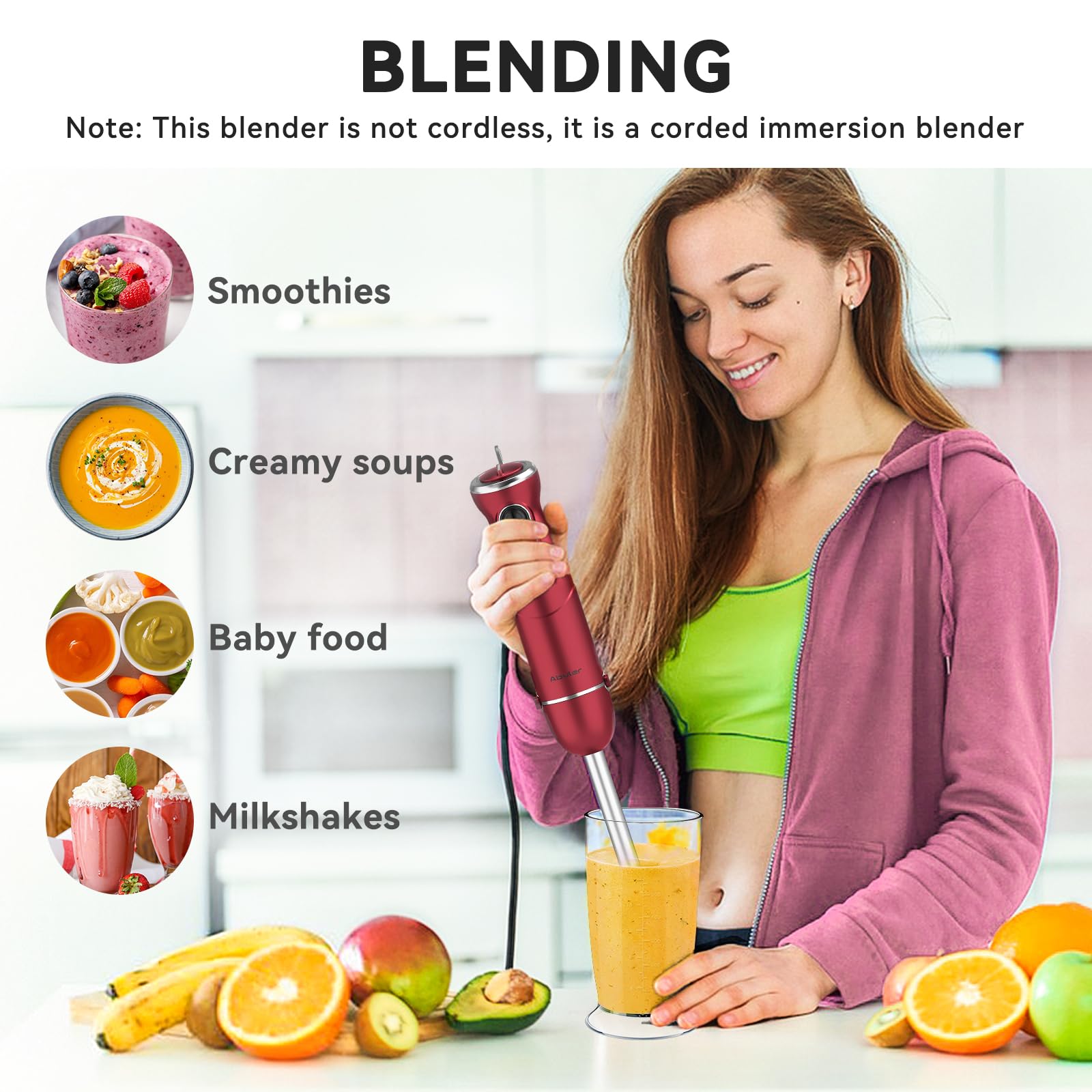 Abuler Immersion Blender 5 in 1, 1000W Hand Mixer, 12 Speed, 304 Stainless Steel, Red, Model HB-2035, with Beaker, Chopper