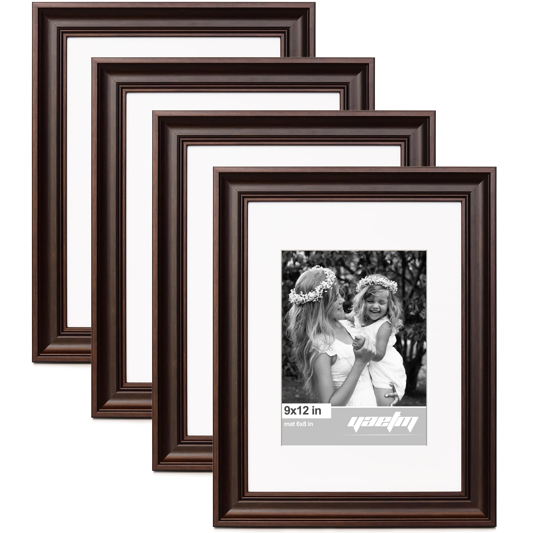 Yaetm 9x12 Picture Frame Matted to 6x8 Set of 4, 1.4    Wide Molding & Dark Brown Photo Frames 9 x 12 with Tempered Glass, Displ