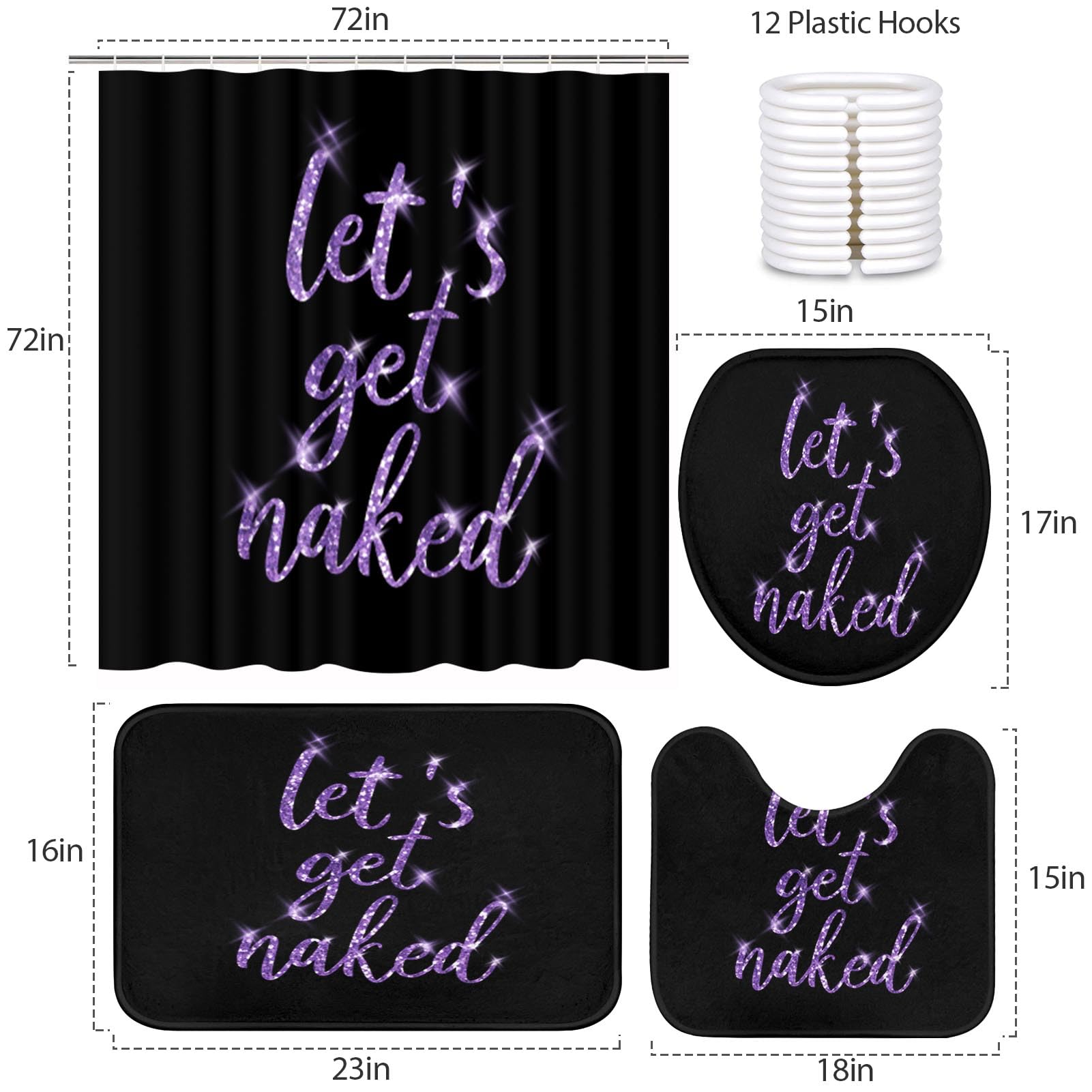 Artsocket 4Pc Purple Let'S Get Naked Shower Curtain Sets Gold And Black Bathroom Decor With Rugs, Non-Slip Rug,Toilet Lid Cover,