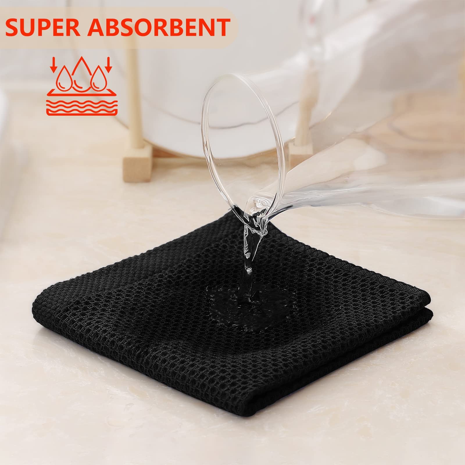 Kitinjoy 100% Cotton Kitchen Dish Cloths  8 Pack Waffle Weave Ultra Soft Absorbent Dish Towels for Drying Dishes Quick Drying Kitchen Towels Dish Rags  12 X 12Inch  Black