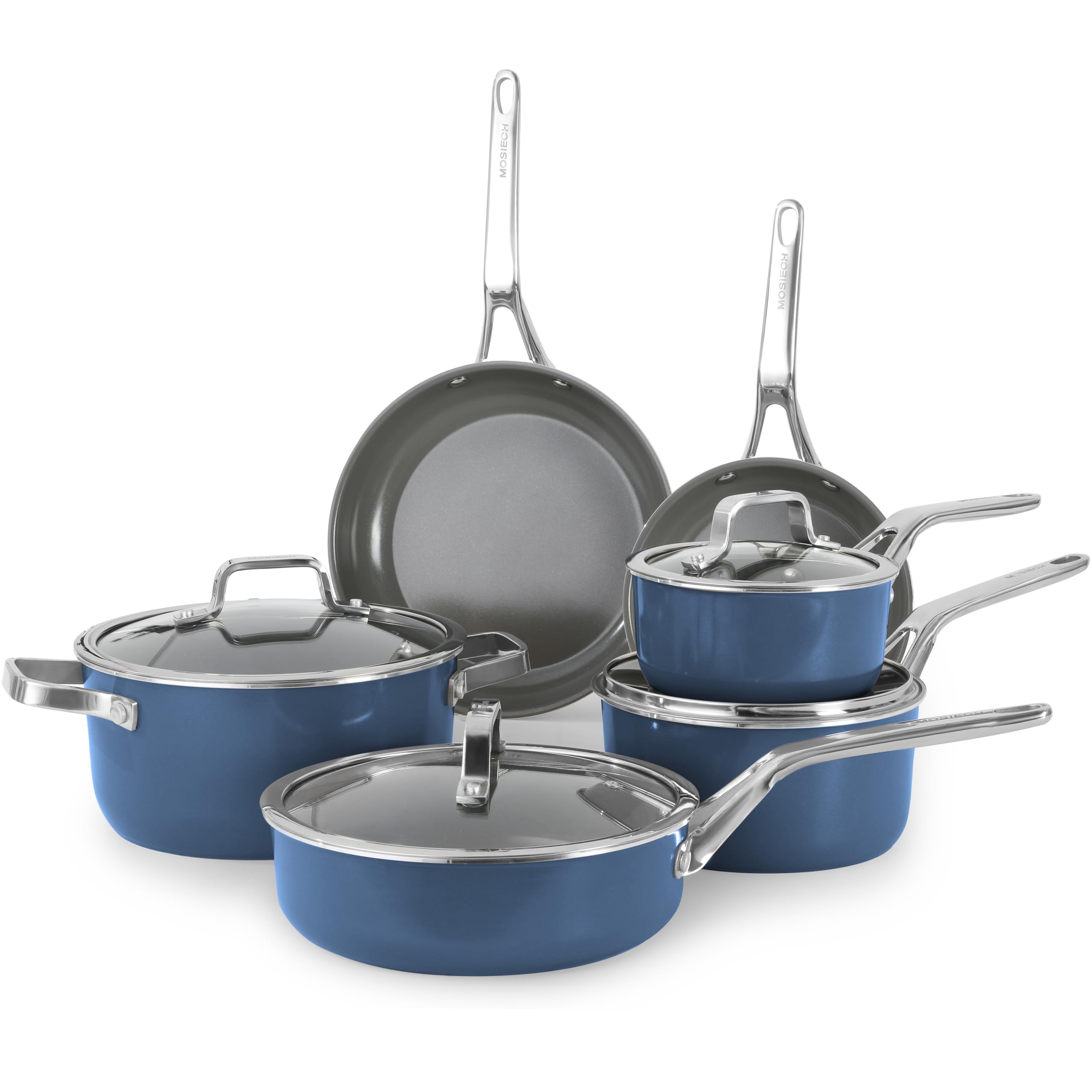 Mosiech Blue 10 Piece Ceramic Cookware Set | Pots Pans for Family Meals