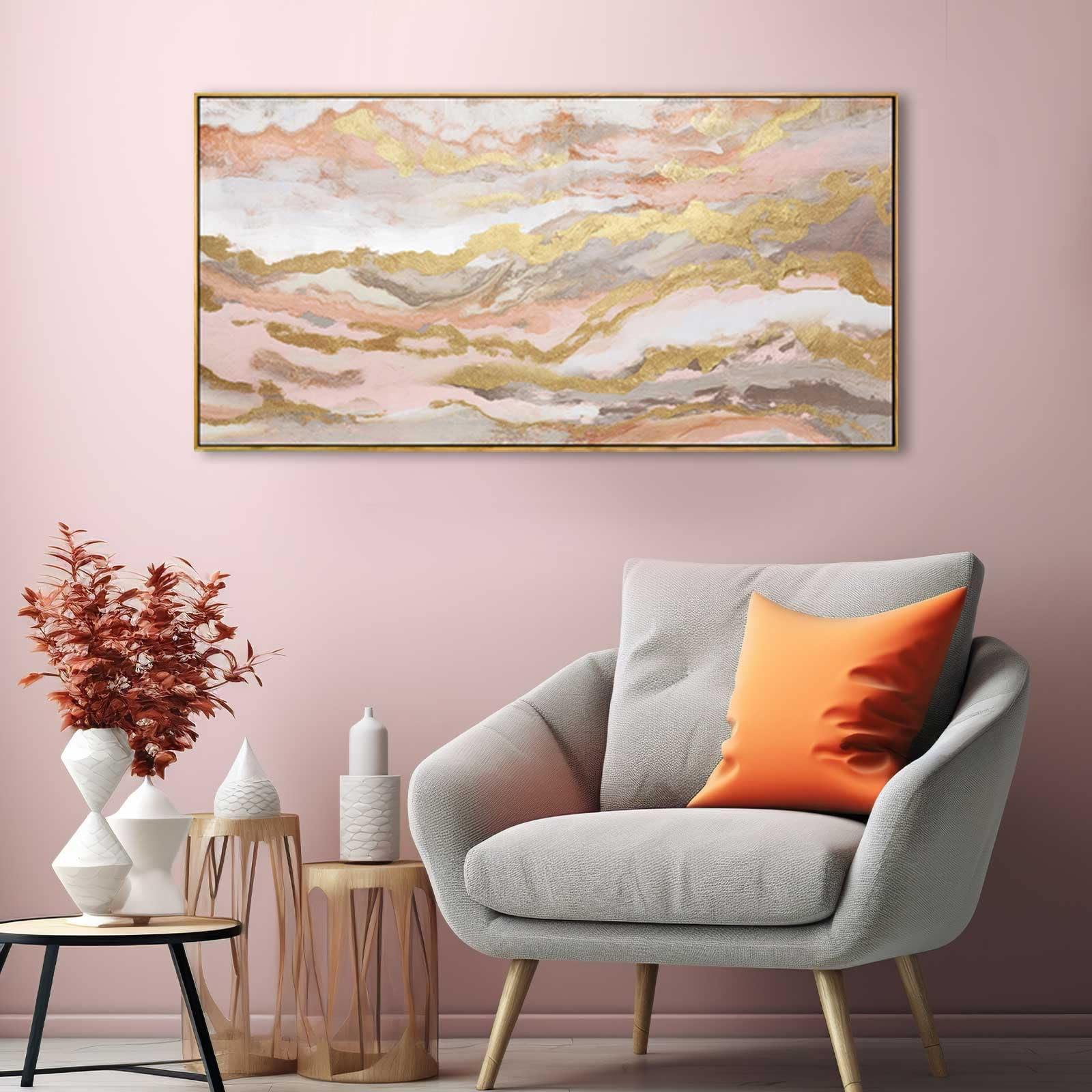 Yjyart Pink Abstract Wall Art/Girl Room 20X40 Inch/Large Wall Art For Living Room/Bedroom Decorations Gold Office Decor Kitchen