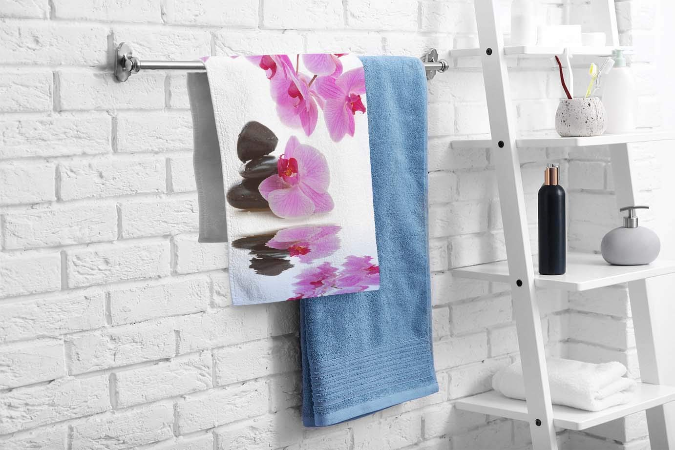 Ofloral Pink Flower Hand Towels Cotton Washcloths,Orchid And Leaves Stone In Water Reflection Super-Absorbent Soft Towels For Ba