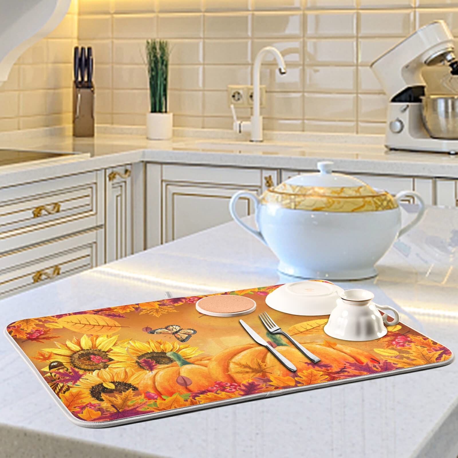 Kcldeci Autumn Fall Dish Drying Mat 18x24 inch Pumpkin Fall Leaves Butterfly Drying Pad Dish Drainer Mat Protector for Kitchen Countertops Counter