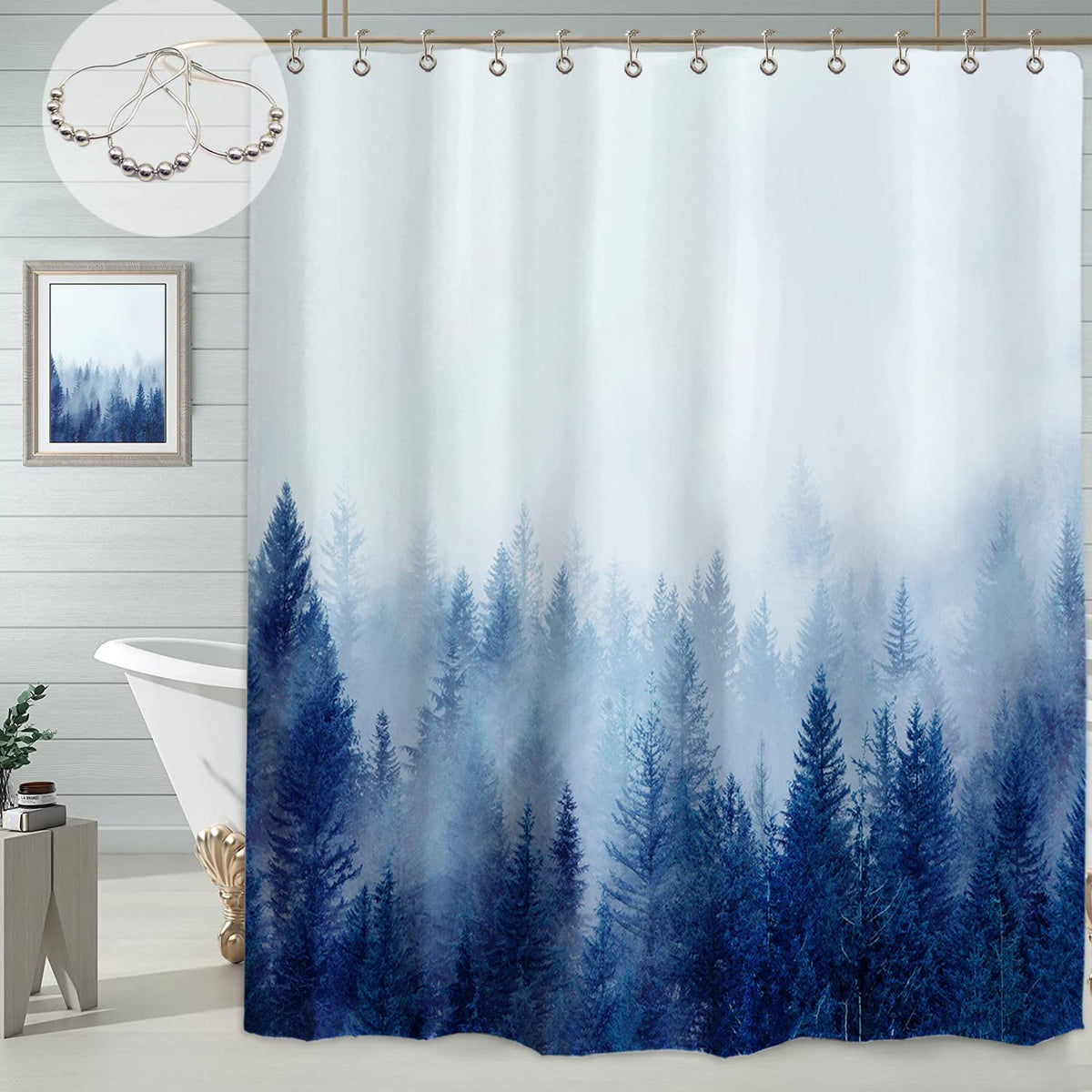 Ortigia Blue Misty Forest Shower Curtains,Nature Mountain Shower Curtain,Woodland Shower Curtain,Fall Fantasy Fog Magic Tree Bat