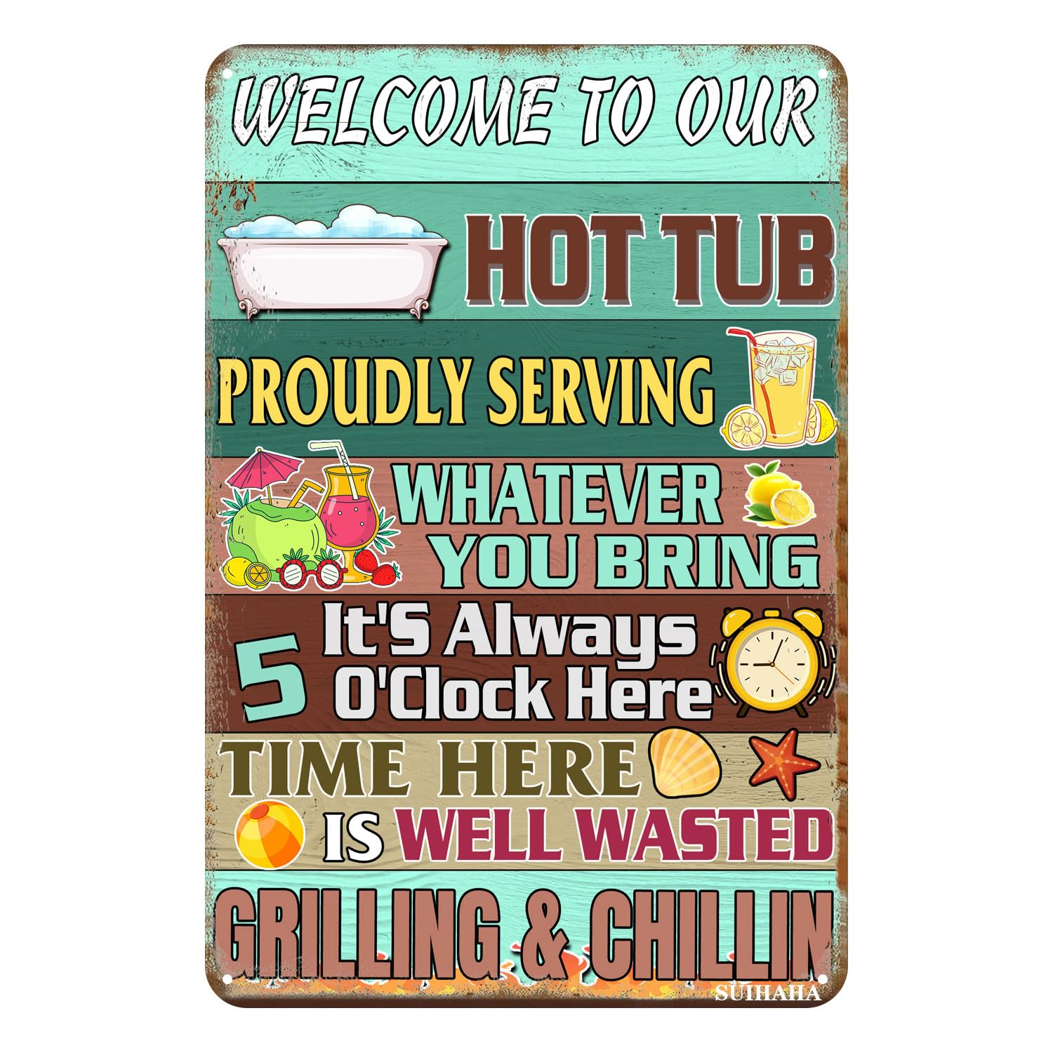 Metal Sign Welcome to Our Hot Tub Home Bathroom Pool Sign and Patio Decor Wall Decoration Welcome Tin Sign 12x8 Inches
